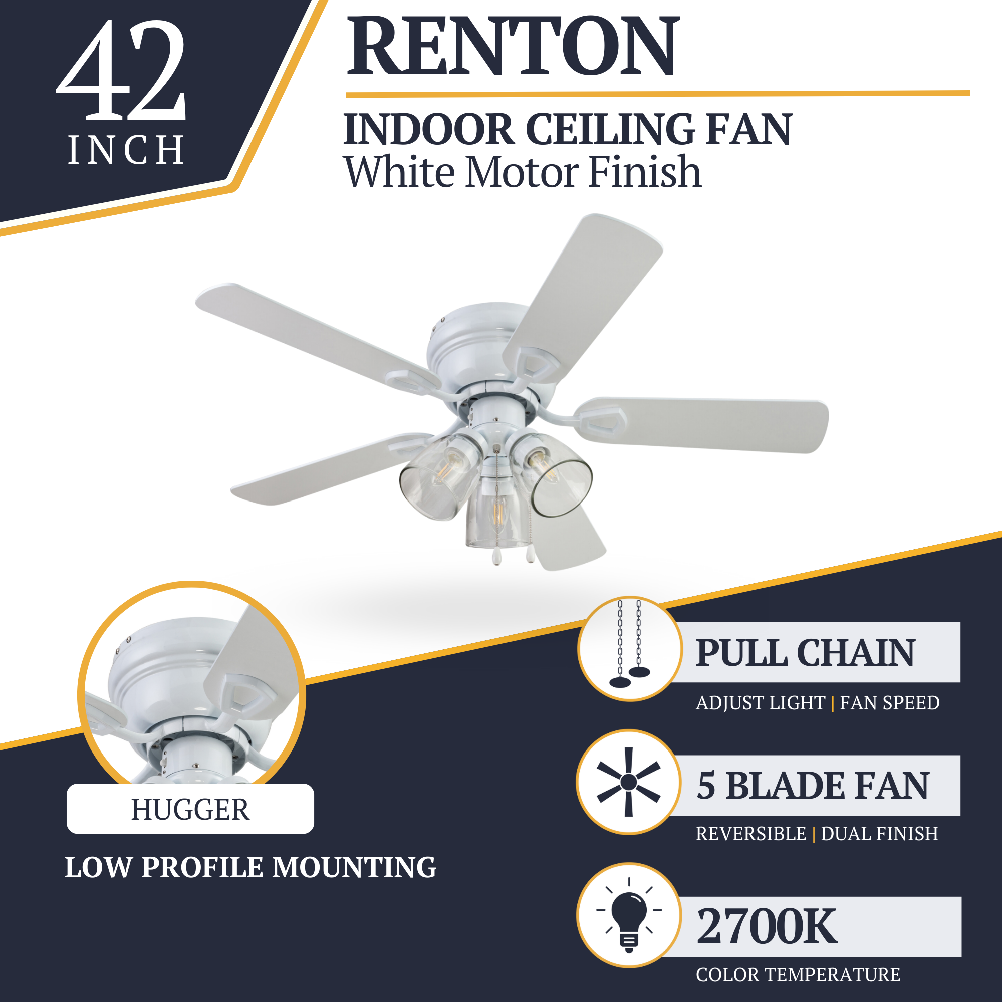 42 Inch White Renton Ceiling Fan with Pull Chain - Perfect for Living Room, Bedroom, and Outdoor Covered Patios