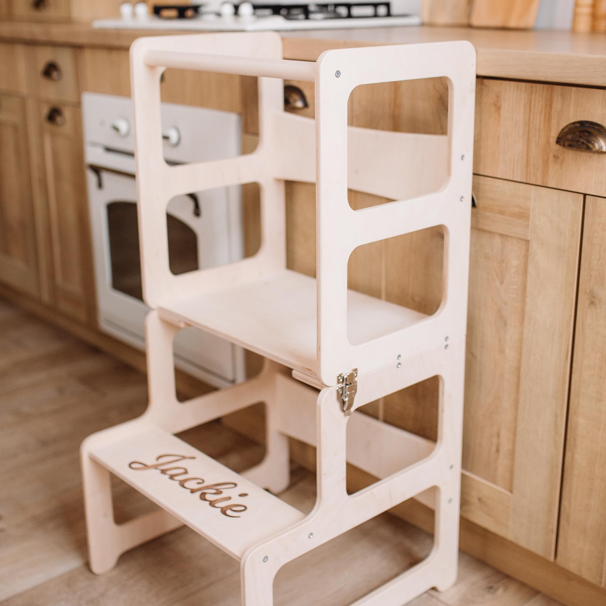 Montessori Kitchen Tower for Toddlers - Natural Wood Toddler Step Stool with Chair & Pillow - Safe Learning Tower for Kids - Perfect for Baking, Cooking & Kitchen Helper Activities