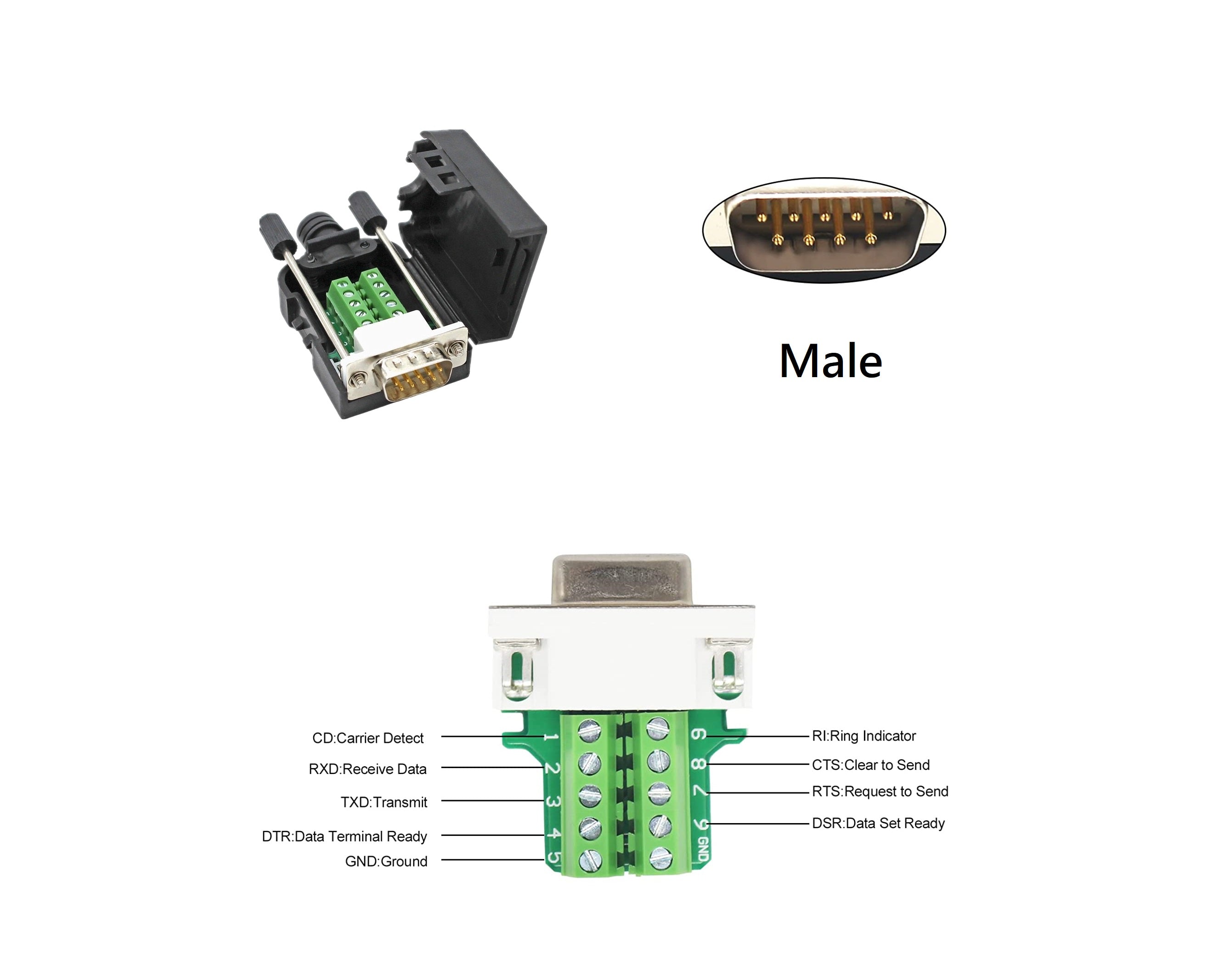 DB9 D-Sub Solderless Breakout Terminal Block Connector Kit - 4 Pack (2 Male + 2 Female) for RS232 Serial Port, DIY Electronics Projects & Industrial Automation