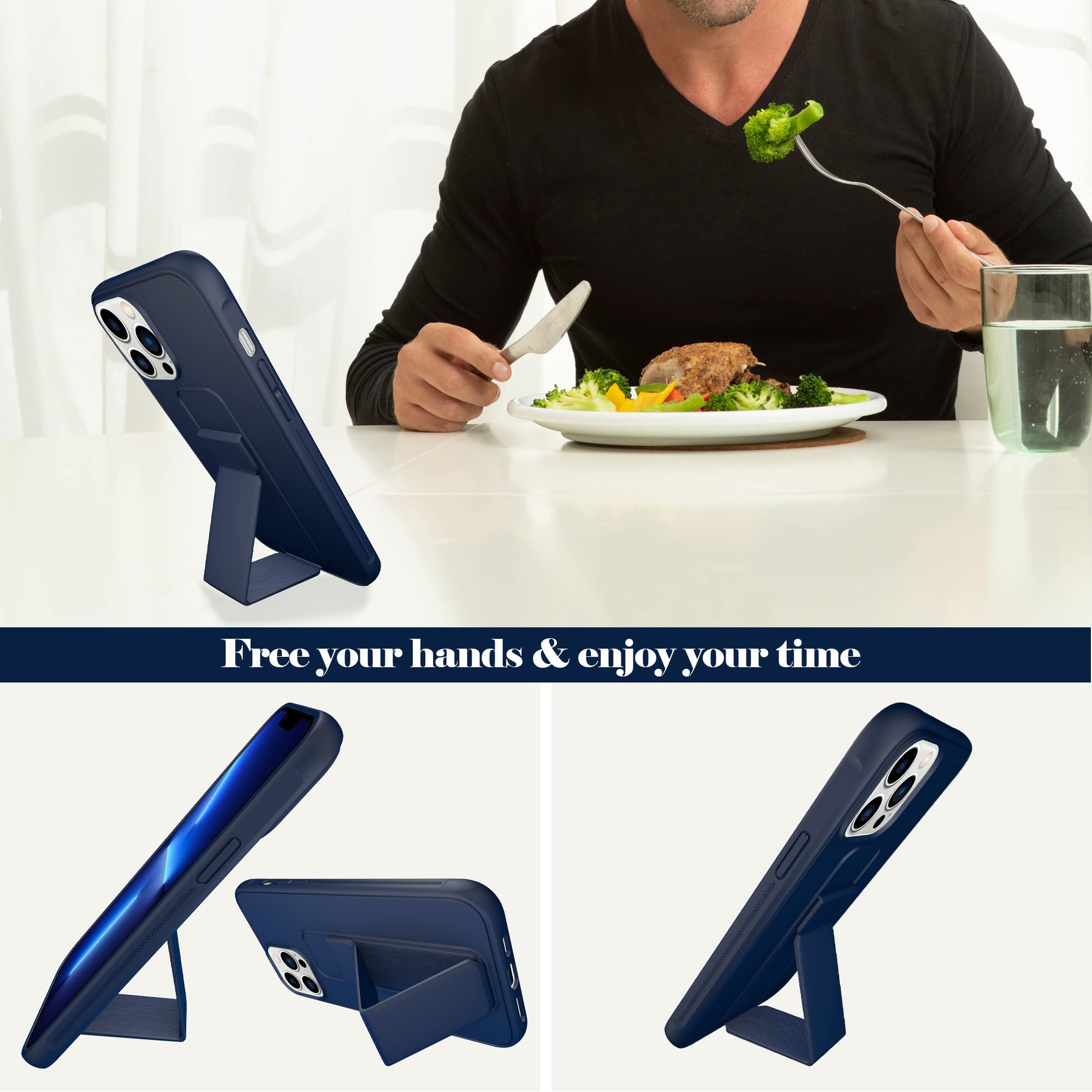 Varikke Magnetic Stand Case for iPhone 13 Pro - Slim Silicone Phone Cover with Kickstand & Wrist Strap, Dark Blue | Perfect for Hands-Free Viewing, Gaming, and Video Calls