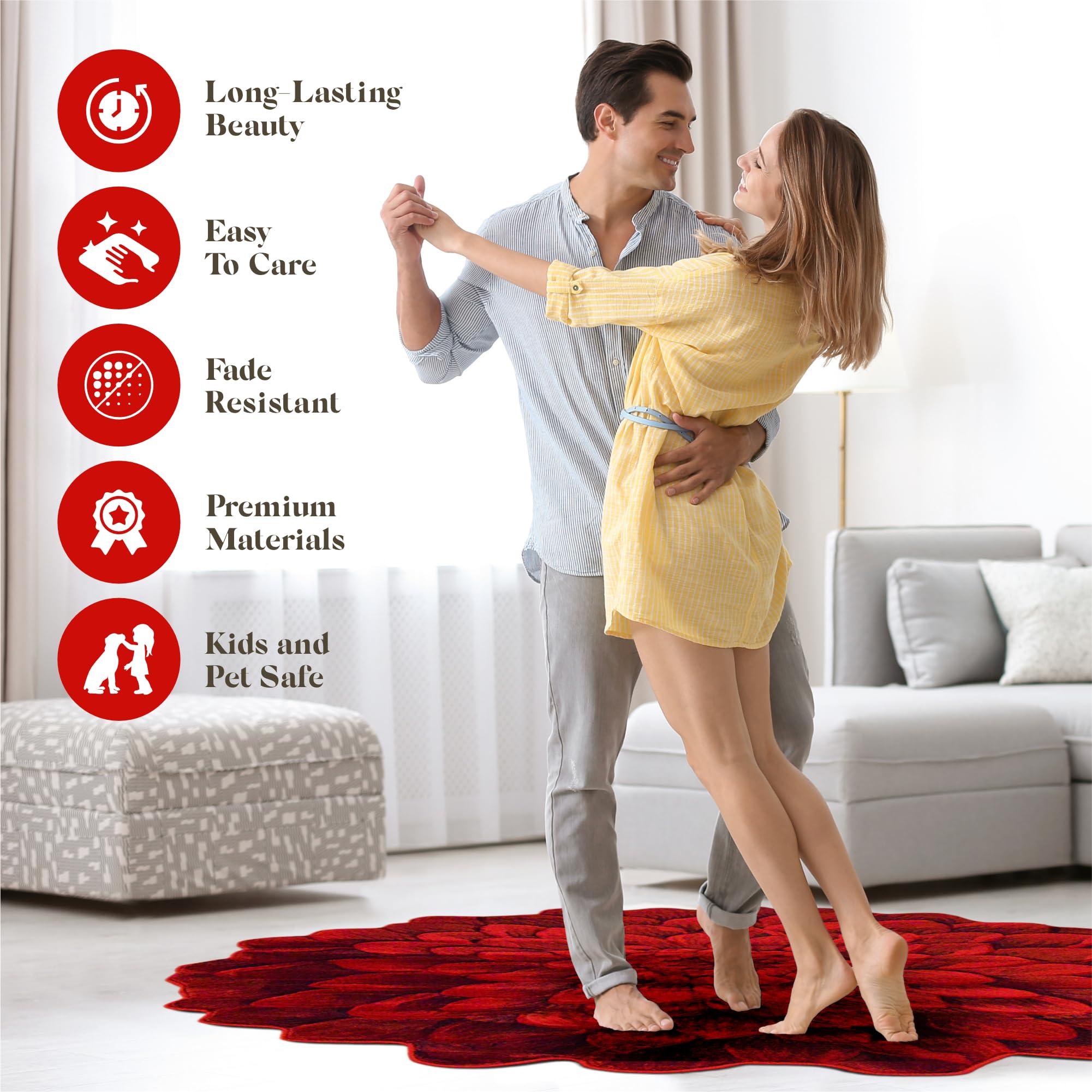 5ft Round Flower Shaped Area Rug - Soft Plush Girly Circle Carpet for Bedroom & Living Room - Vibrant Red Home Decor (Perfect for Boho Chic Decor, Kids Room & Nursery Flooring)