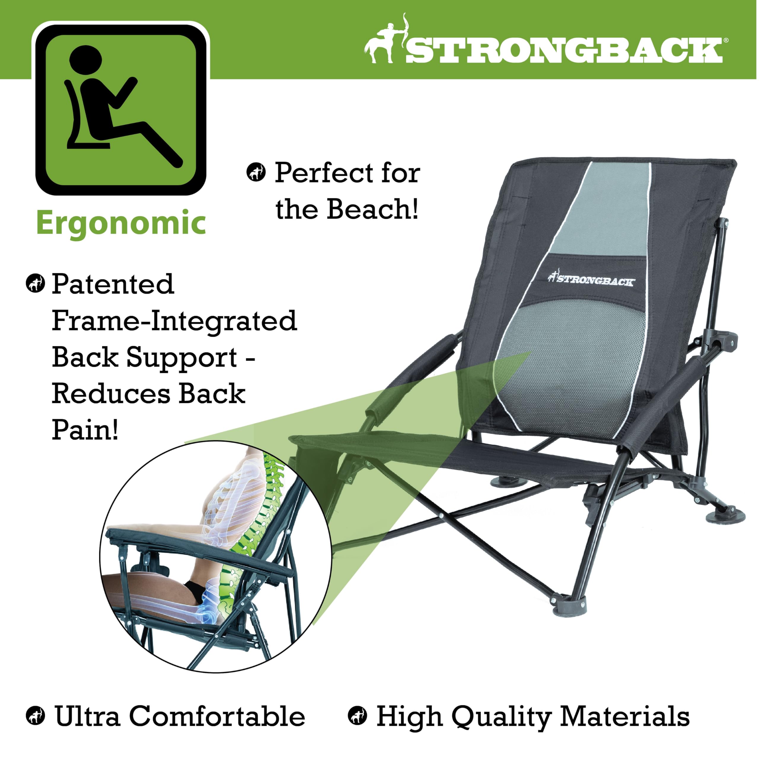 STRONGBACK Low Gravity Beach Chair with Built-in Lumbar Support - Heavy Duty Portable Folding Chair for Adults - Perfect for Beach, Camping, Backyard & Outdoor Relaxation - Black