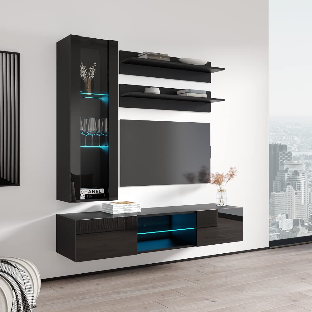 Modern Wall-Mounted TV Stand with Storage & LED Lights - Floating Entertainment Center Console for Living Room & Bedroom - H2 33