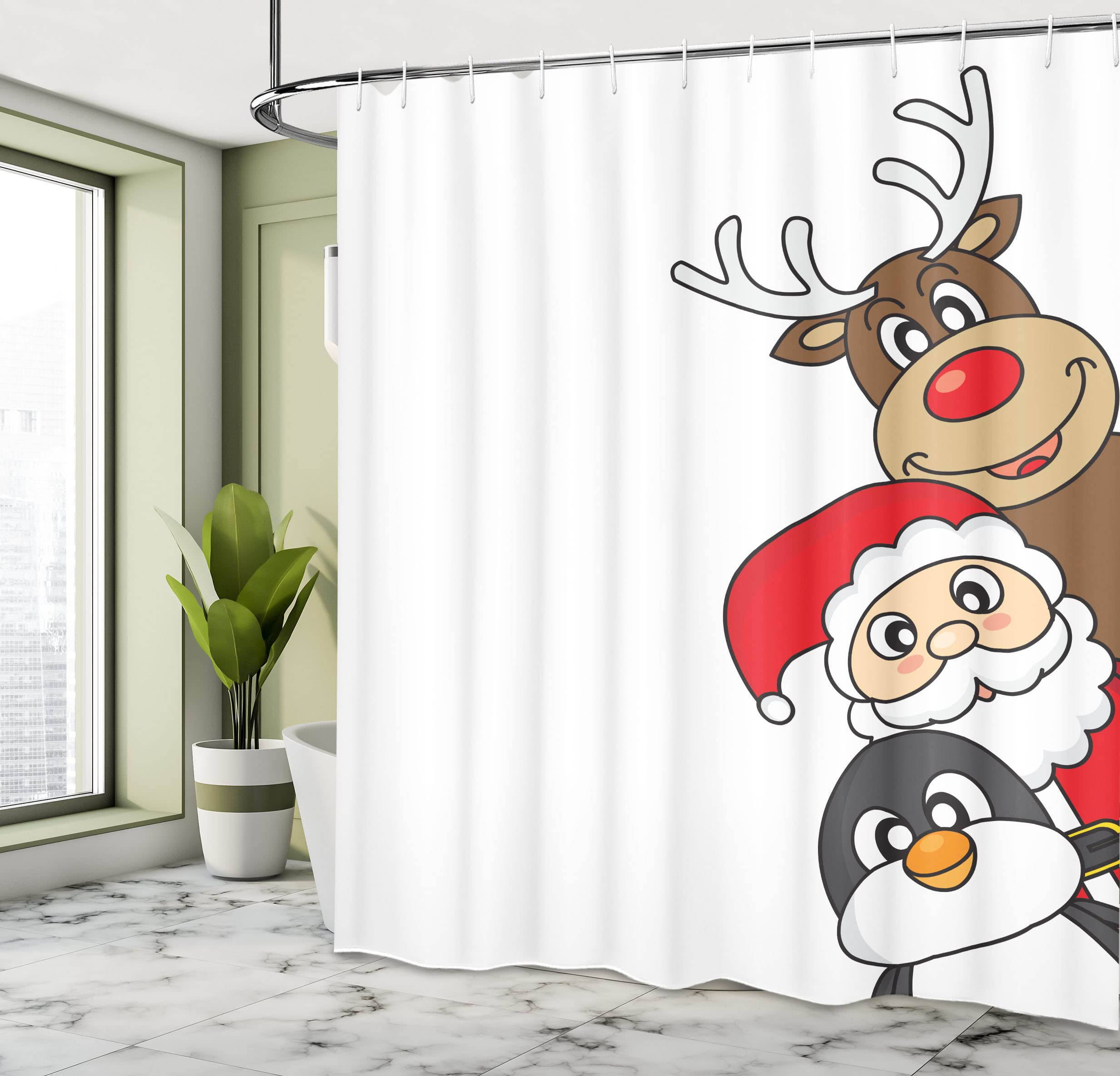 Ambesonne Christmas Shower Curtain - Santa Claus, Reindeer & Penguin Holiday Design - 69x84 Inch Brown Scarlet Fabric Bathroom Decor with Hooks - Perfect for Holiday Bathroom Decorations & Christmas Party Themes