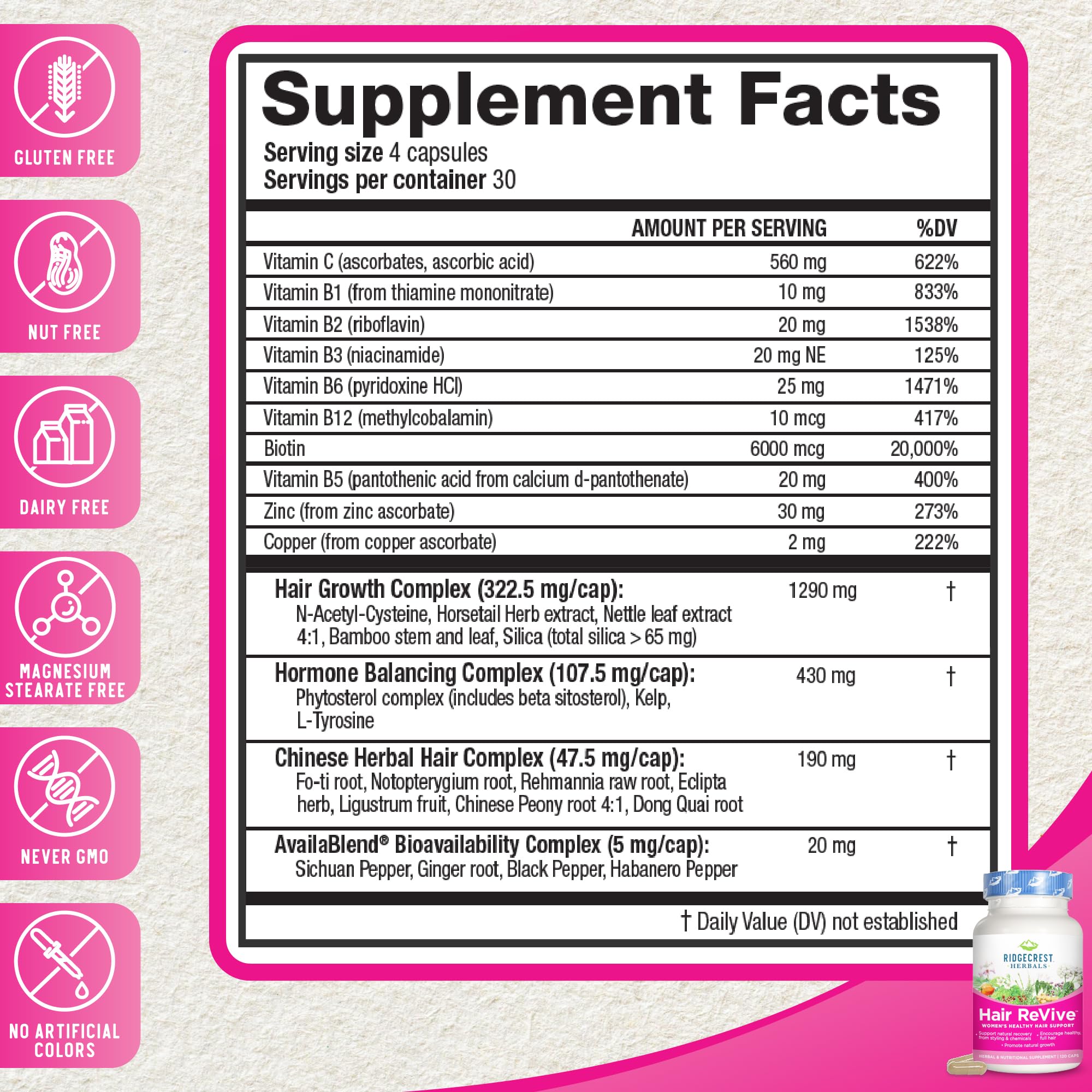 RidgeCrest Herbals Hair ReVive - Hair Growth Supplement with Biotin 6000mcg, Vitamin C, Zinc & Copper - Supports Healthy Hair, Skin & Nails for Women - 120 Capsules (30 Servings) - Perfect for Thinning Hair & Daily Hair Care Routine