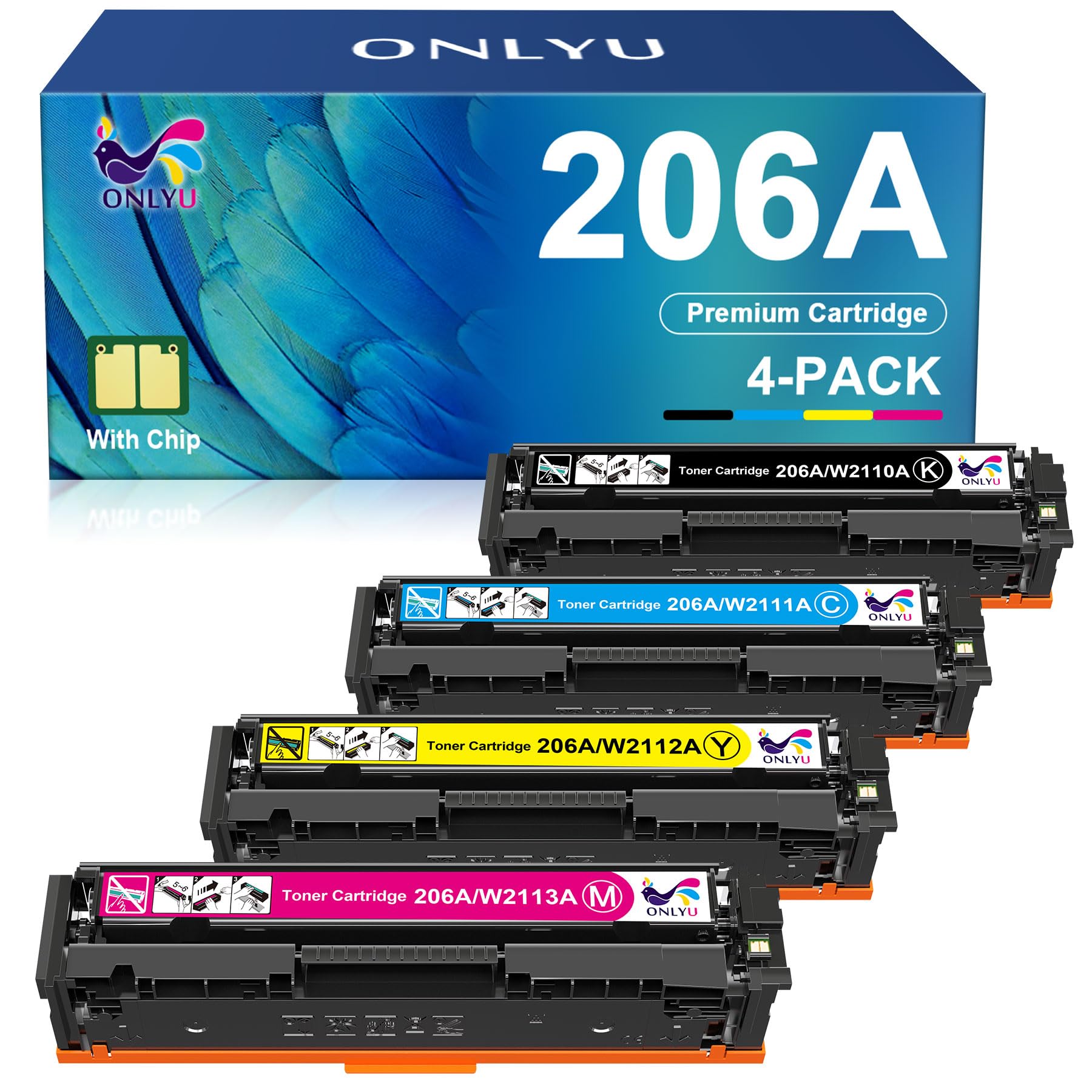 ONLYU Compatible Toner Cartridge Replacement for HP 206A 206X (4-Pack, CMYK) - Works with HP Color LaserJet Pro MFP M283fdw, M283cdw, M283fdn, M282mw, M255dw, M255nw, M283, M255, W2110A, W2110X - High Yield Printer Ink for Home & Office Printing