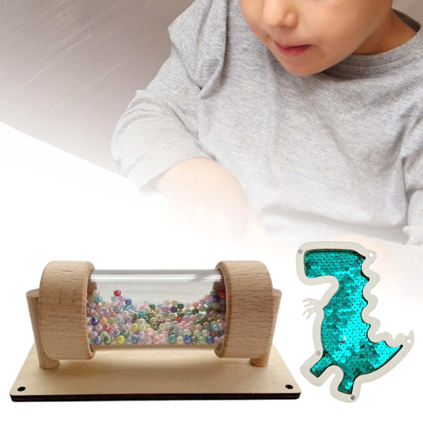 Montessori Busy Board Accessories - Glitter Dinosaur Sensory Toy with Musical Rainmaker for Toddlers | DIY Learning Activity for Boys & Girls | Perfect for Airplane Travel & Early Childhood Development