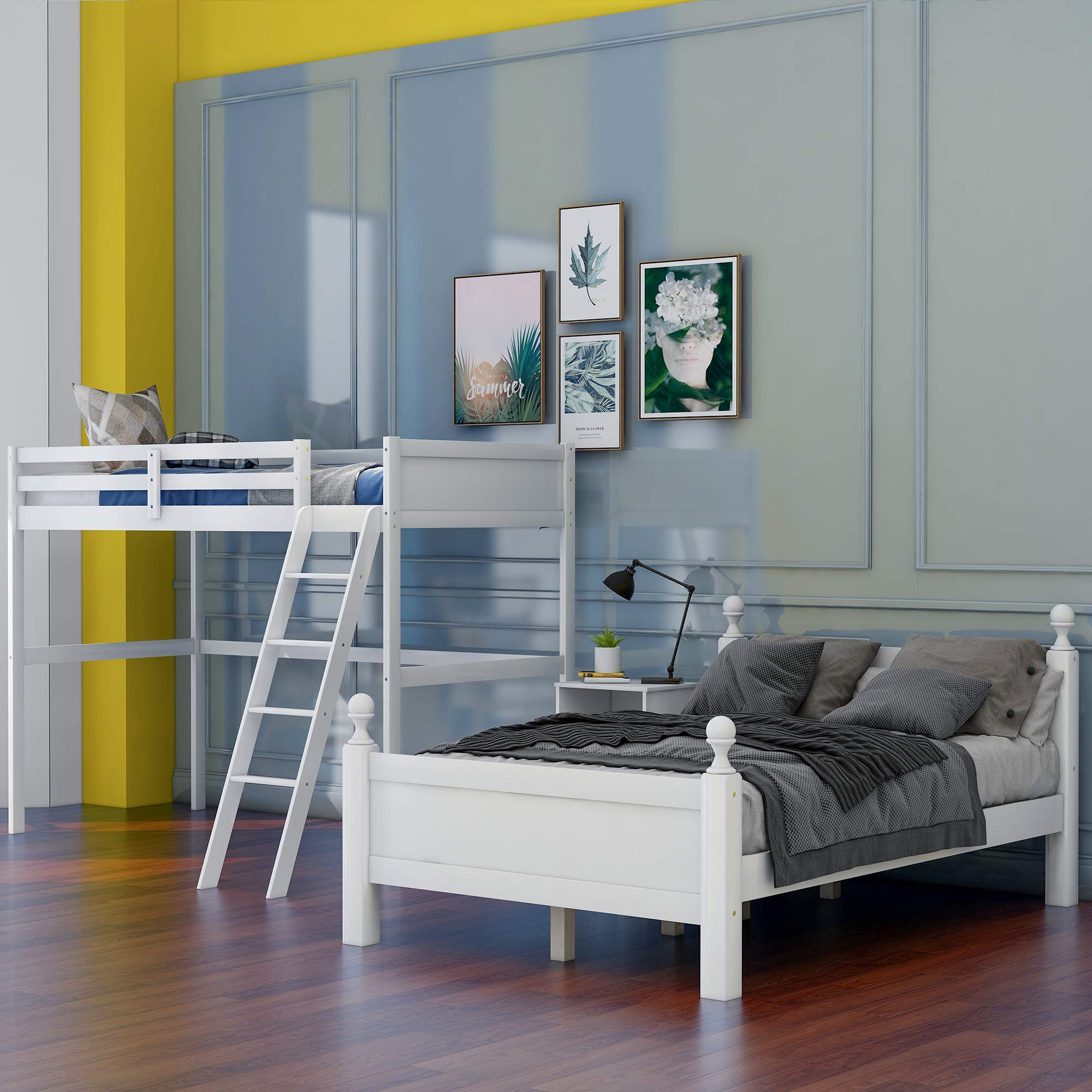 KLMM Twin Over Full Bunk Bed - Solid Wood Loft Bed Frame with Cabinet, Ladder & Guardrail | Convertible to 2 Separate Beds | Space-Saving Kids Bedroom Furniture (White) | Perfect for Small Rooms, Shared Kids Bedrooms & Guest Rooms