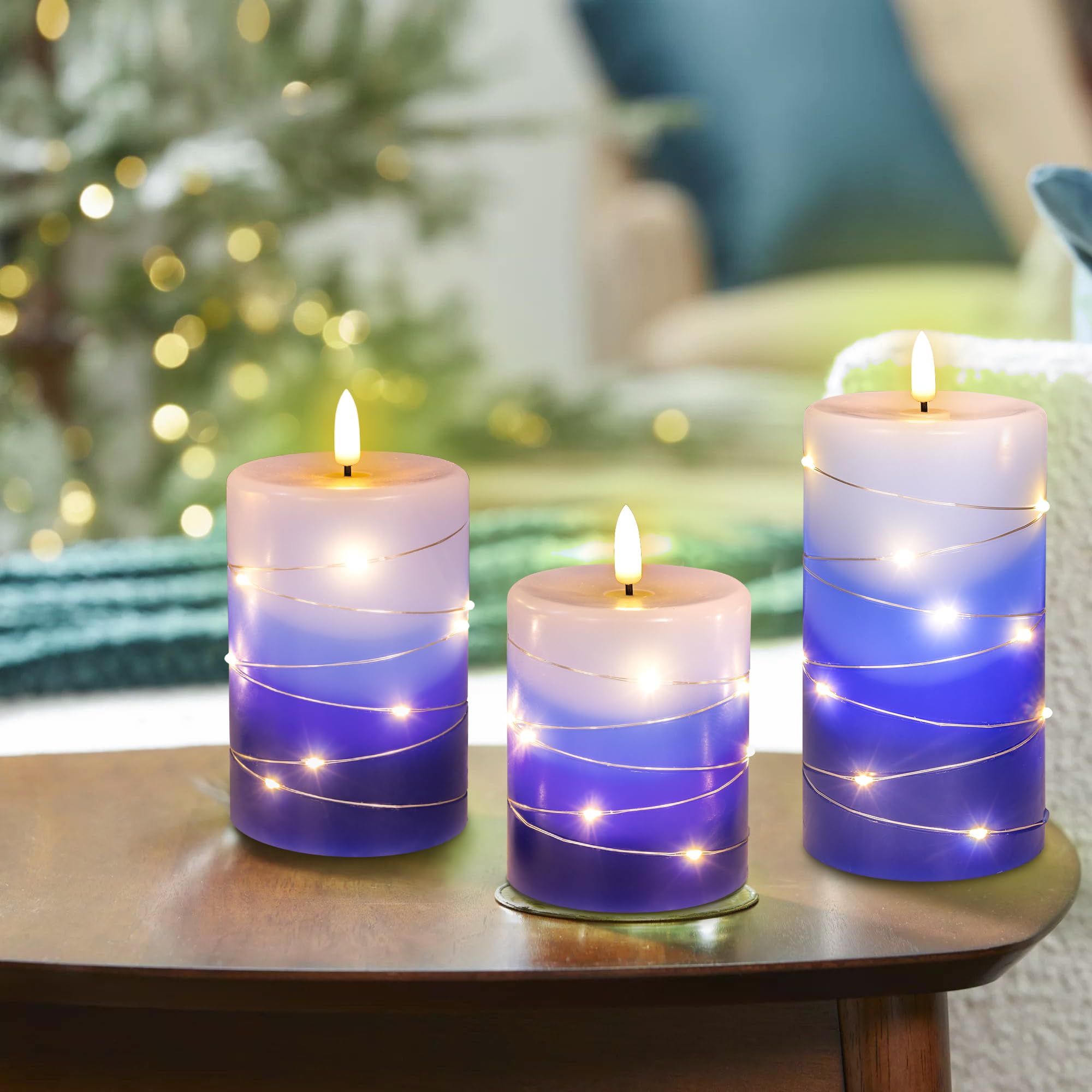 Flameless LED Candles with Remote Control & Timer - Battery Operated Flickering Pillar Candles in Real Wax, Gradient Blue (3-Pack) for Home Decor, Wedding Centerpieces & Romantic Ambiance