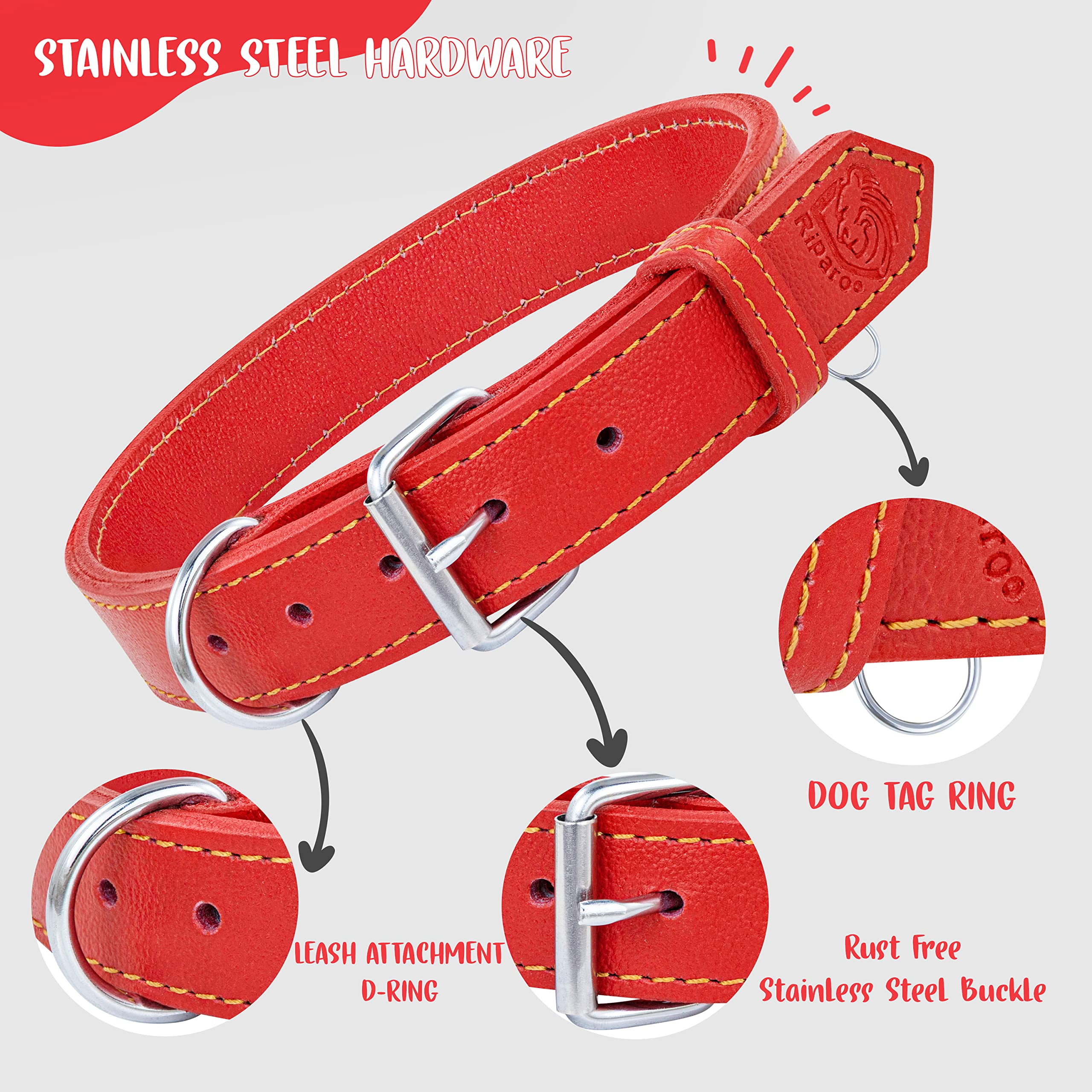 Genuine Leather Dog Collar for Medium Large & XL Breeds - Adjustable Heavy Duty Pet Collar with Durable Hardware (Red, Size L) - Perfect for Walking, Training & Outdoor Adventures