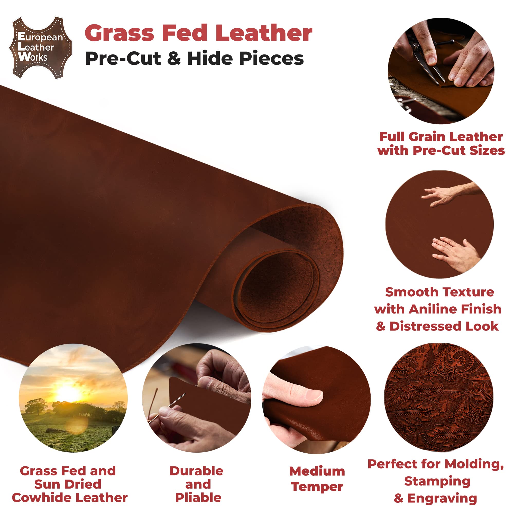 Premium ELW Grass-Fed Leather 8-10 oz (3-4mm) Heavy Duty Pre-Cut 24