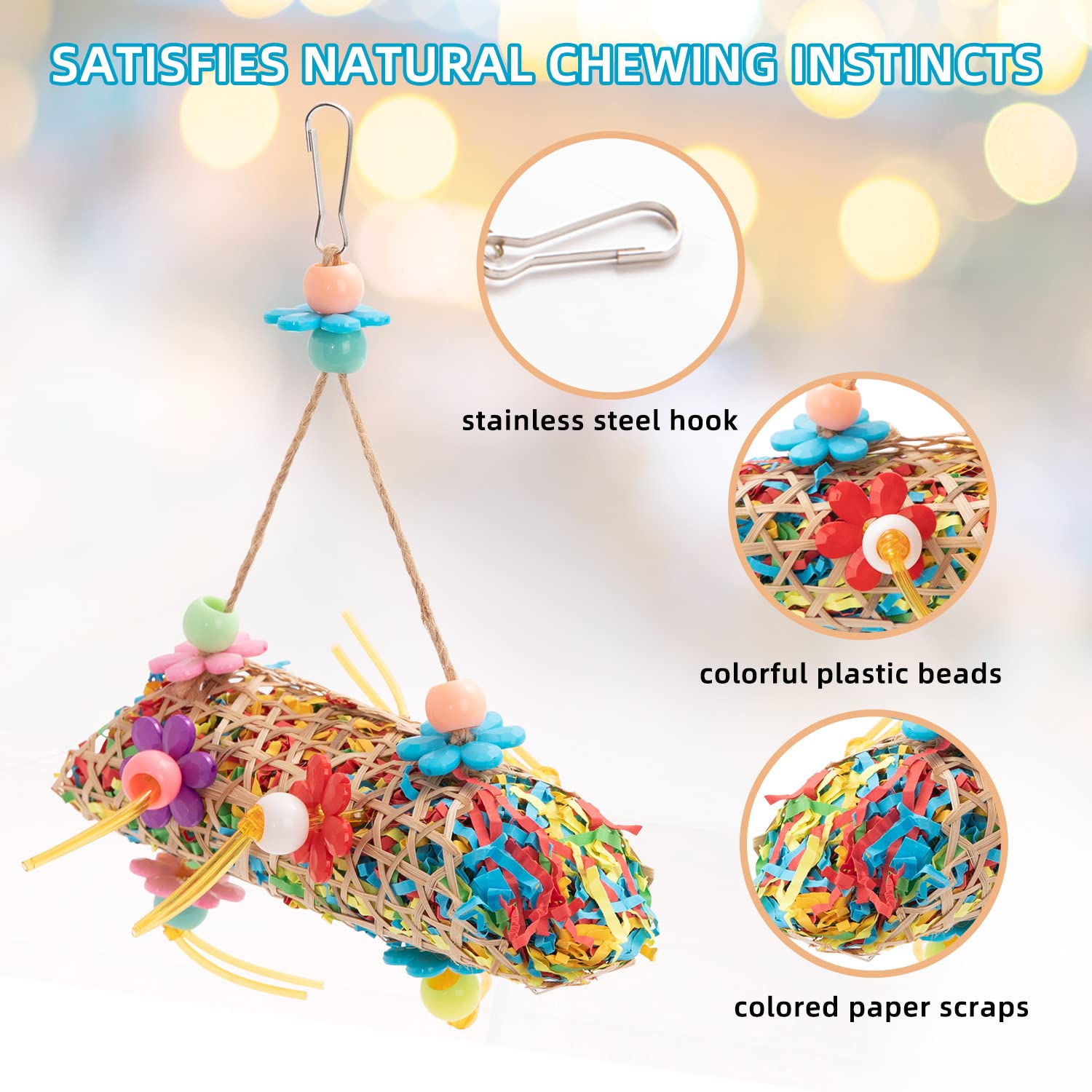 6 Pack Colorful Bird Chewing Toys - Parrot Foraging Shredder & Hanging Toys with Comfy Perch - Durable Rope Bungee Toys for Parakeets, Cockatiels & Small Birds - Perfect for Cage Enrichment & Mental Stimulation