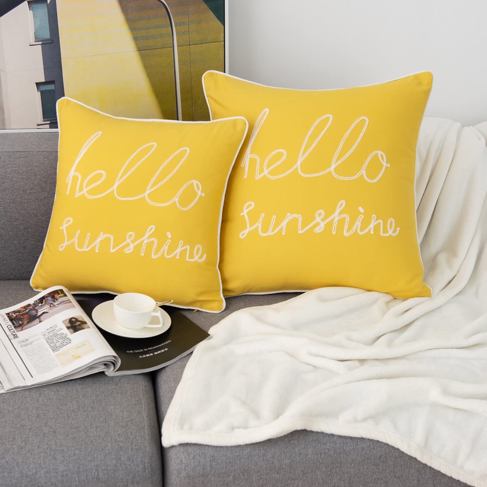 YIcabinet Set of 2 Soft Solid Decorative Square Throw Pillow Covers 18x18 Inch - Yellow Hello Sunshine Pattern for Sofa, Bedroom, Car & Outdoor Patio - Perfect for Home Decor, Living Room Accents and Cozy Comfort
