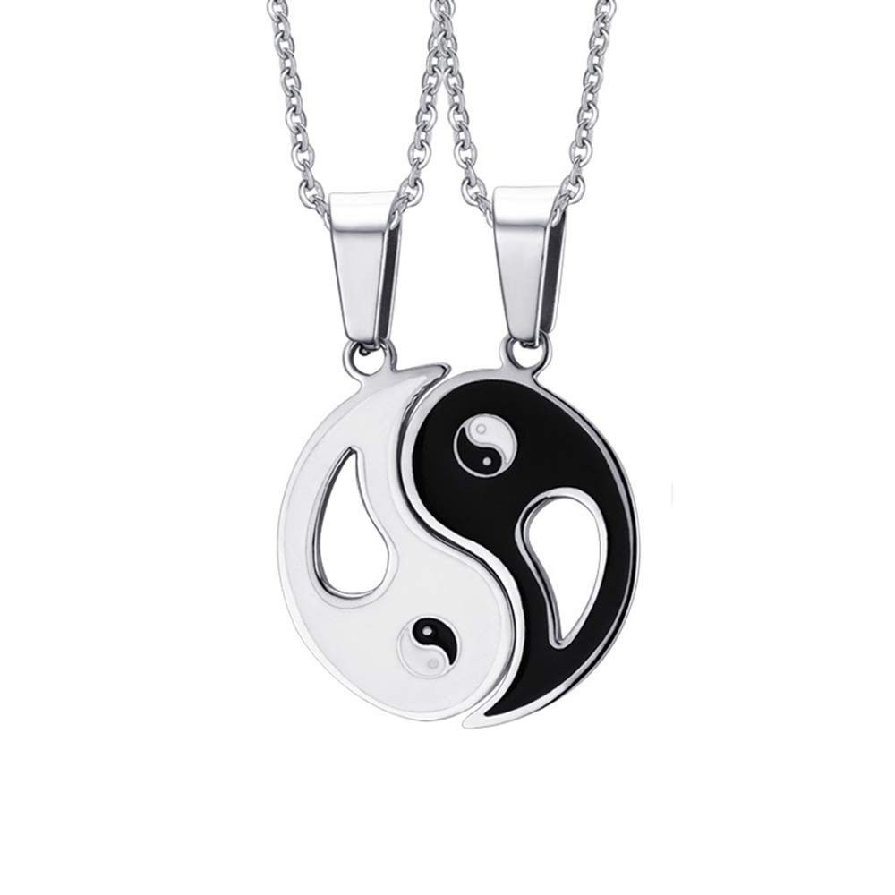 Yin Yang BFF Couples Pendant Necklace Set - 2 Piece Matching Puzzle Necklaces for Women, Men, Boys & Girls - Stainless Steel 19.6