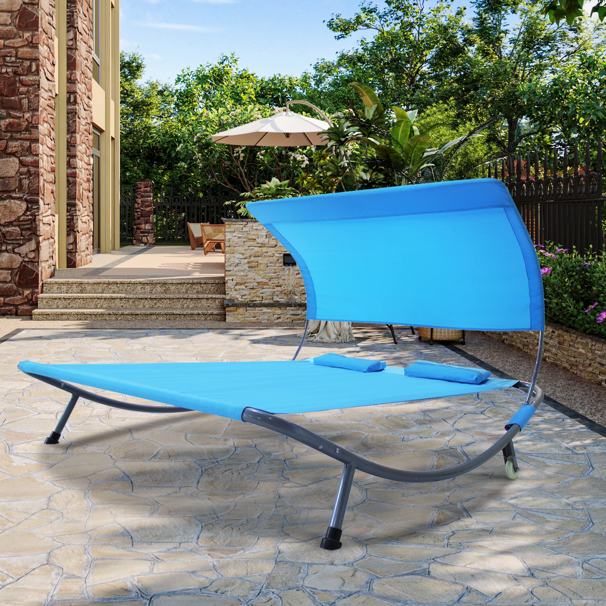 Outdoor Double Chaise Lounge Bed with Canopy & Headrest Pillow - Portable Patio Daybed with Wheels for Deck, Garden, Poolside, Sunroom & Indoor Use - Perfect for Relaxing, Sunbathing & Lounging (Blue)
