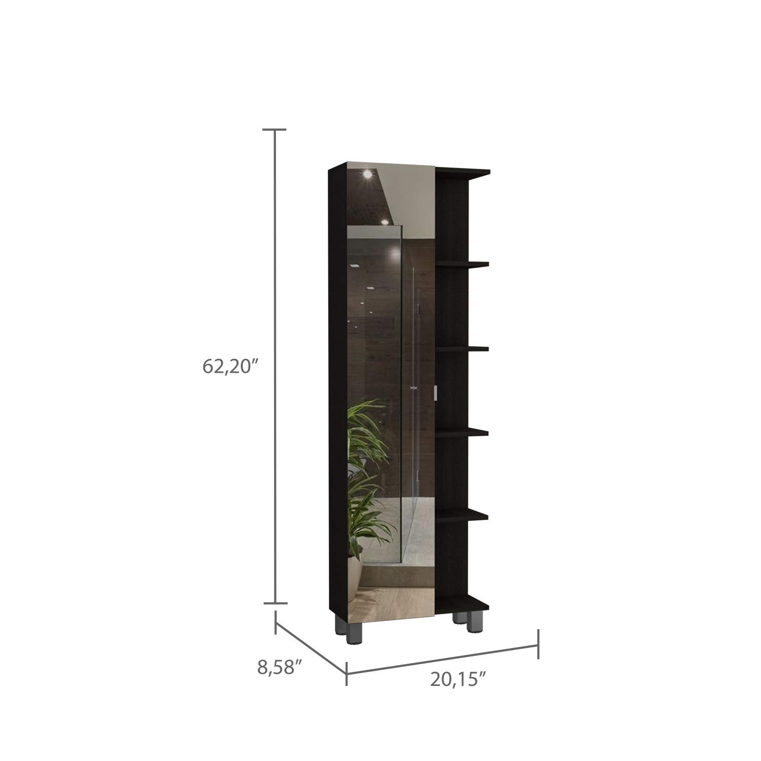 Tuhome Urano 62 Inch Black Linen Cabinet with Open Storage & Mirror - Modern Entryway Storage Solution for Hallway, Bedroom or Living Room Organization