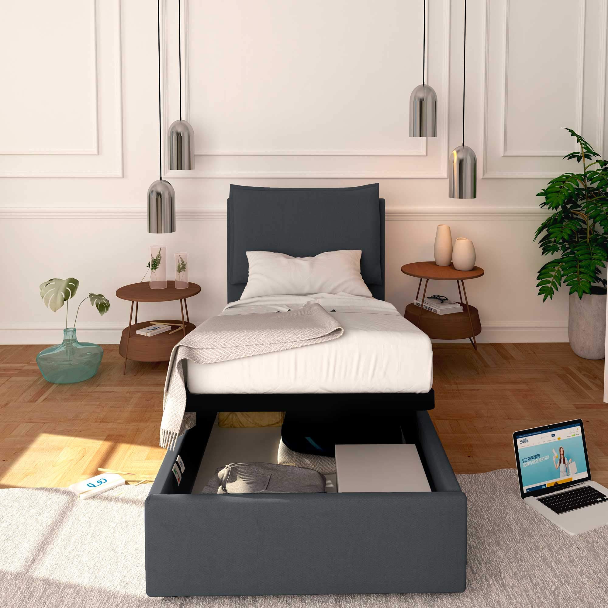Baldiflex Single Bed with Storage, Licia Model, Synthetic Leather Upholstery, Slatted Base for Single Mattress, 80 x 190 cm, Padded Headboard, Grey - Perfect for Small Bedrooms, Guest Rooms & Studio Apartments
