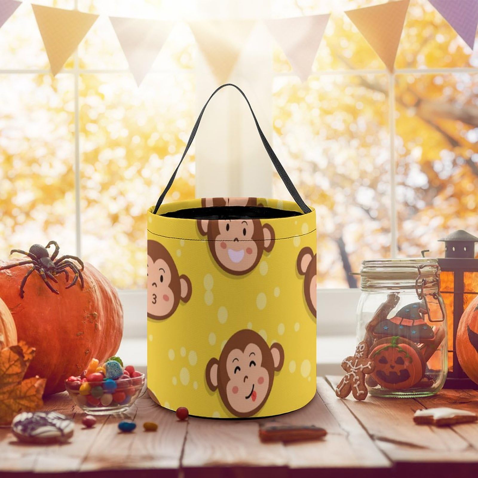 Yellow Halloween Candy Bucket with Monkey Pattern - Cute Trick or Treat Tote Bag for Kids, Halloween Party Decor & Gift | Perfect for Trick-or-Treating, Halloween Parties & Home Decor