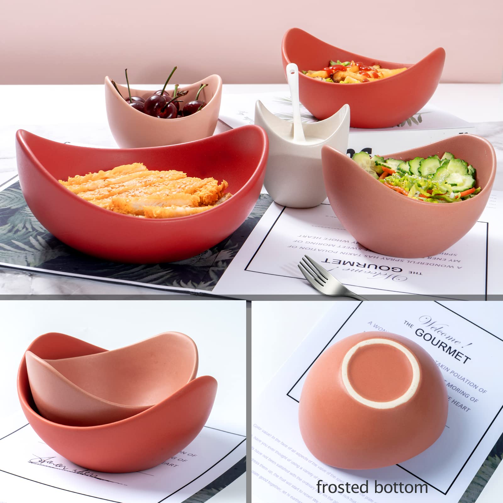 Notakia 5-Pack Porcelain Salad Bowls - Lotus Shaped Pasta & Rice Bowls, Dishwasher & Microwave Safe Ceramic Serving Bowls with Unique Angled Design for Home Kitchen (Orange) - Perfect for Salads, Pasta, Rice & Party Serving