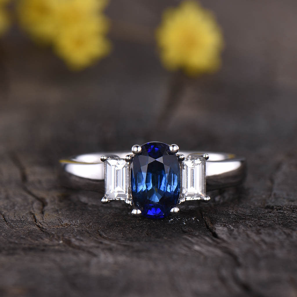 Vintage Natural Oval Cut Sapphire and Baguette Cut Moissanite Three Stone Engagement Ring for Women - Perfect for Proposals, Anniversaries, and Wedding Bands