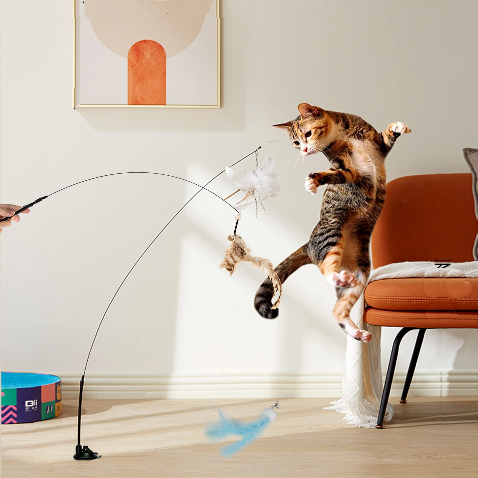 Interactive Cat Toy Wand with 6-in-1 Features - Automatic Hands-Free Feather Ball Toy for Indoor Cats - Natural Bird Feather & Suction Cup Design - Perfect for Playtime, Exercise & Bonding with Your Feline Friend