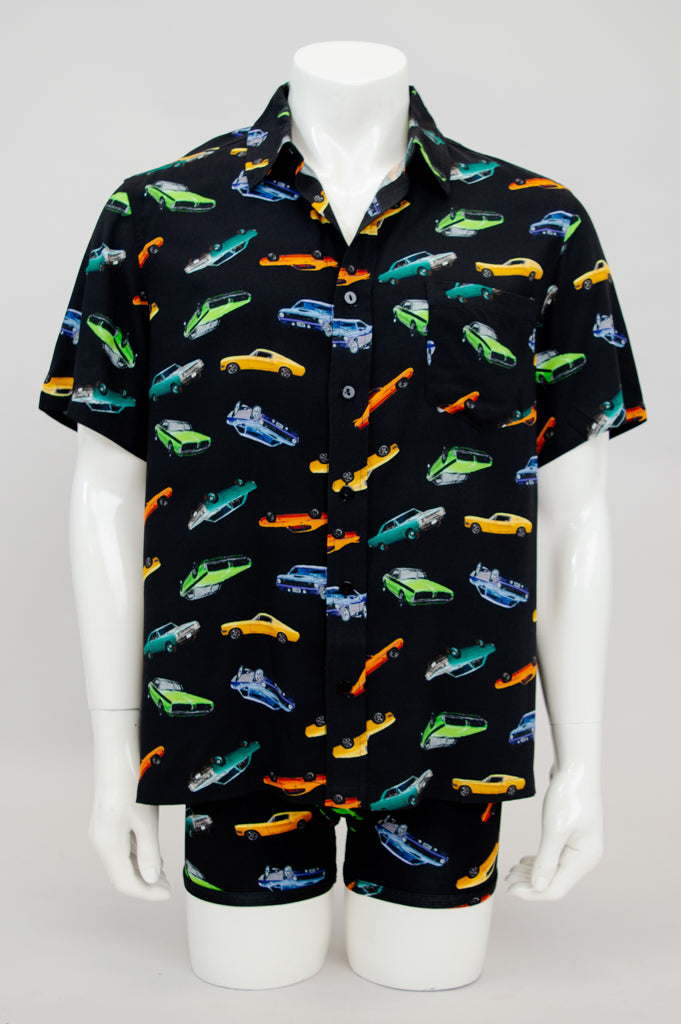 Dinosaur Print T-Shirt with Vintage Muscle Cars Design - Soft Woven Bamboo Fabric for Men & Women - Perfect for Casual Wear, Street Style, and Car Enthusiasts
