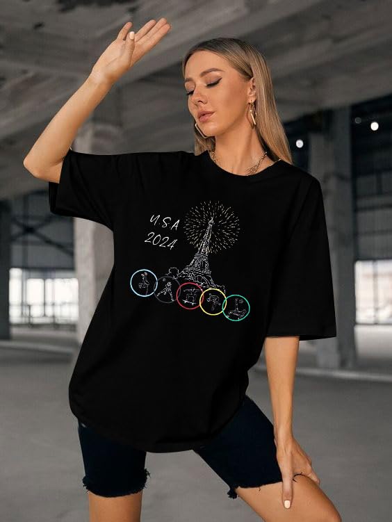 KIMSOONG 2024 Olympics Graphic T-Shirt for Women - Oversized USA Olympics Shirt with Jo 2024 Design | Perfect for Game Day, Fan Events & Casual Wear