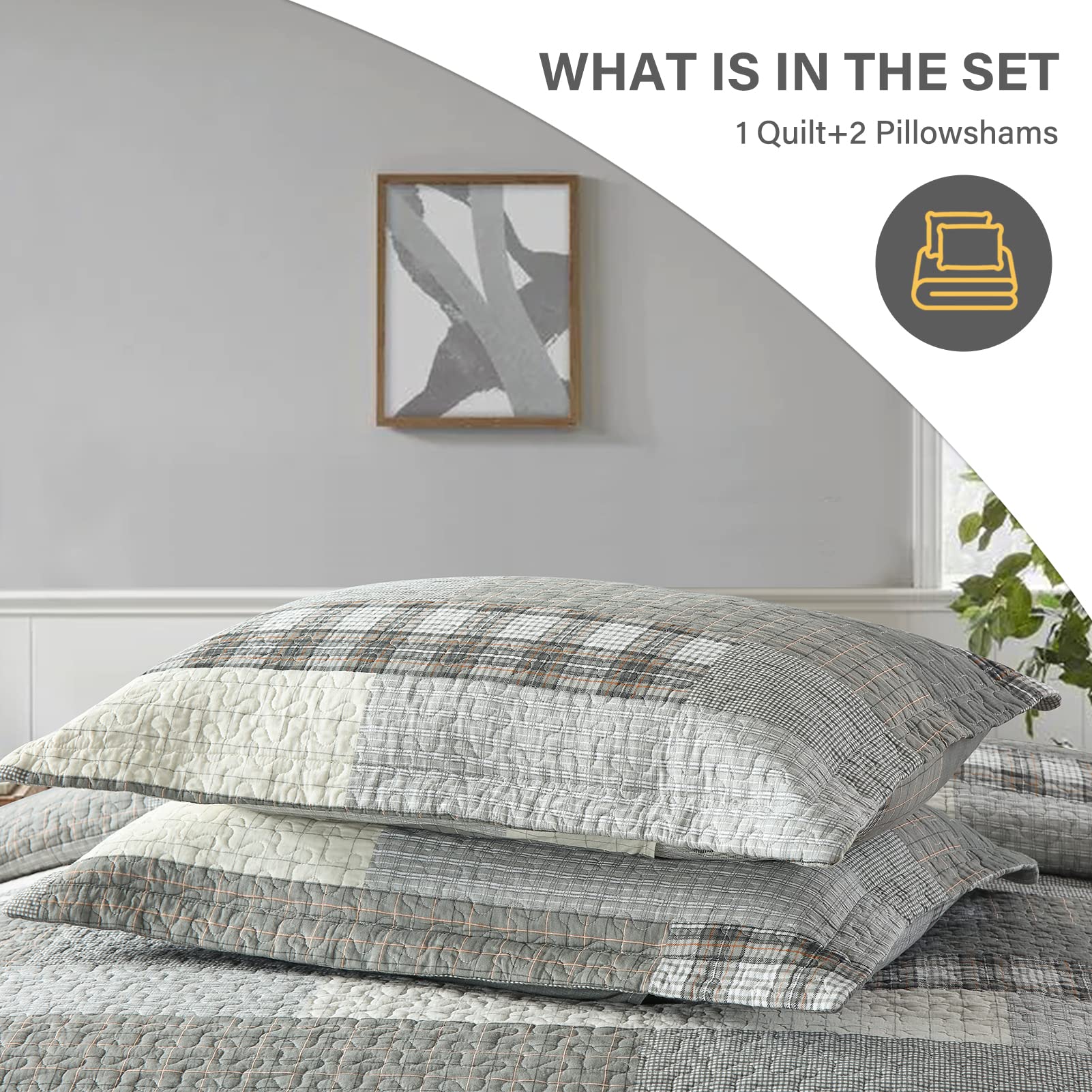 SahSahCasa 100% Cotton Queen Size Quilt Set - Reversible Patchwork Lightweight Plaid Bedspread (3-Piece, Grey/Cream) | Farmhouse Style All-Season Bedding for Master Bedroom, Guest Room & Cozy Home Decor