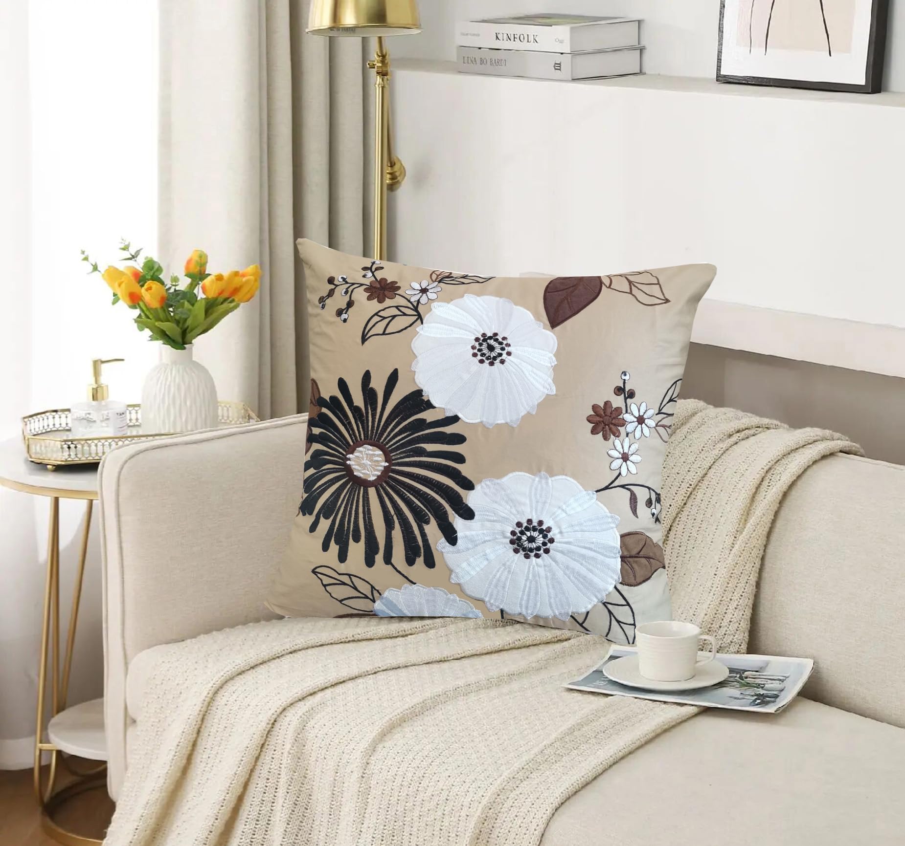 European Floral Appliquéd Embroidery Cotton Satin Cushion Cover 18x18 Inch - French Country Farmhouse Decorative Throw Pillow Case in Black/White/Brown Blooming Flower Design for Living Room Sofa, Bedroom Decor, Fall and Festive Home Accents