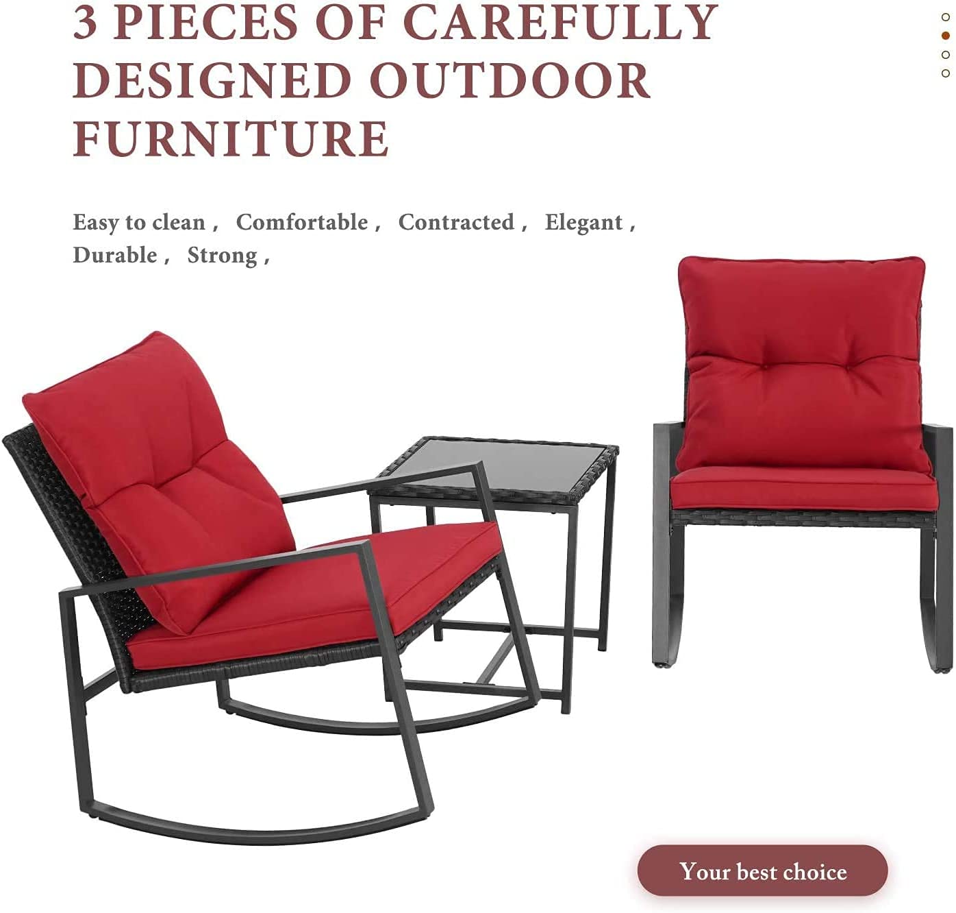 SUNCROWN 3-Piece Outdoor Rocking Chair Set - Patio Wicker Rattan Bistro Furniture with Cushions & Glass Coffee Table (Red) - Perfect for Garden, Backyard, Porch Relaxation & Conversation Areas
