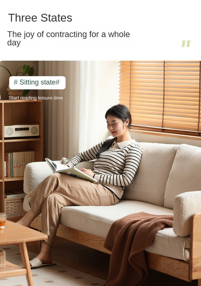 Oak Solid Wood Sofa Bed with Folding White Goose Feather Cushions - Convertible Sleeper for Small Spaces & Guest Rooms