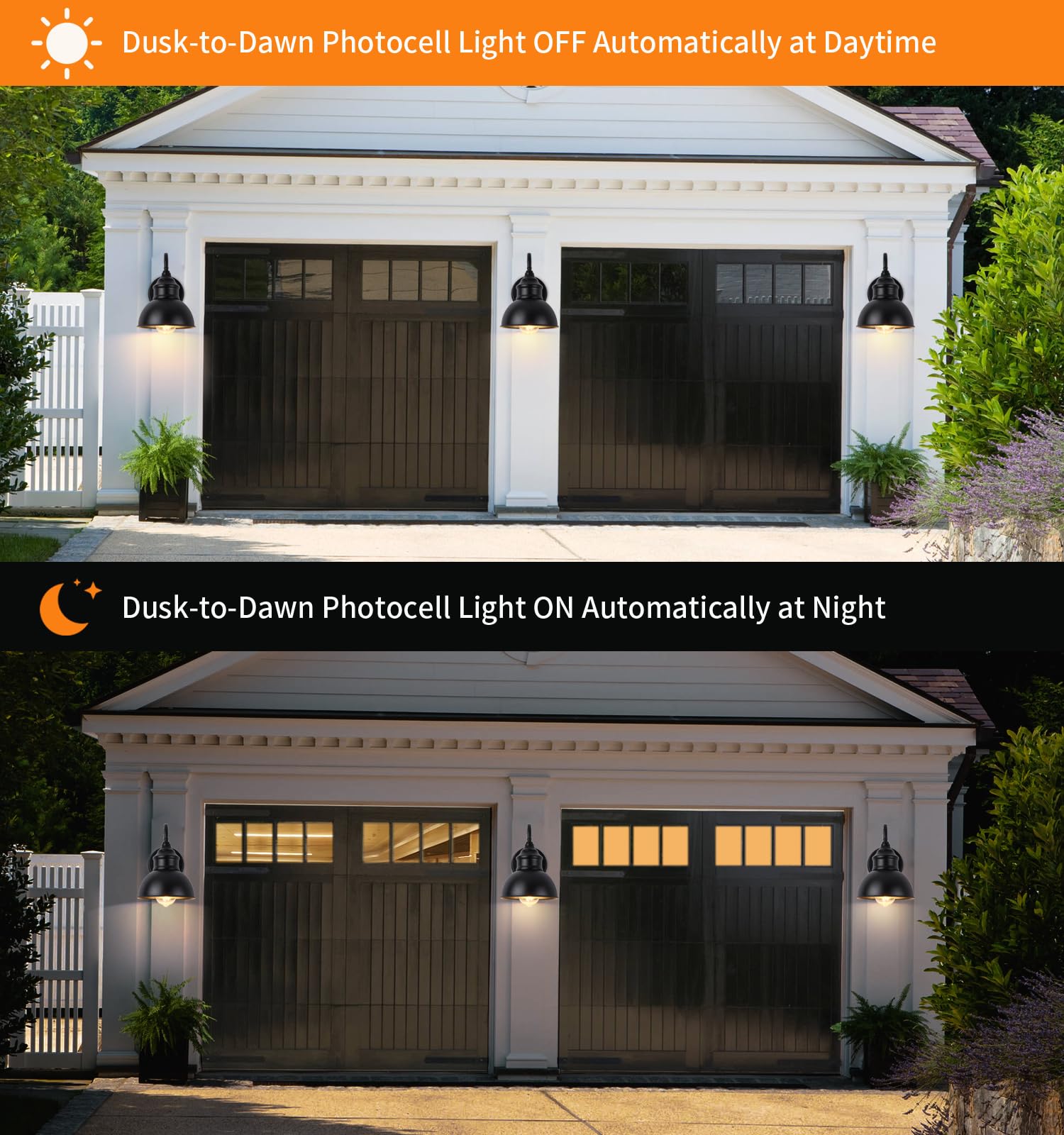 DENGNBJ Outdoor Barn Gooseneck Lights - Dusk to Dawn Sensor, Classic Black Farmhouse Style for Porch, Garden, Garage & Patio | Weatherproof Exterior Lighting for Home & Commercial Use