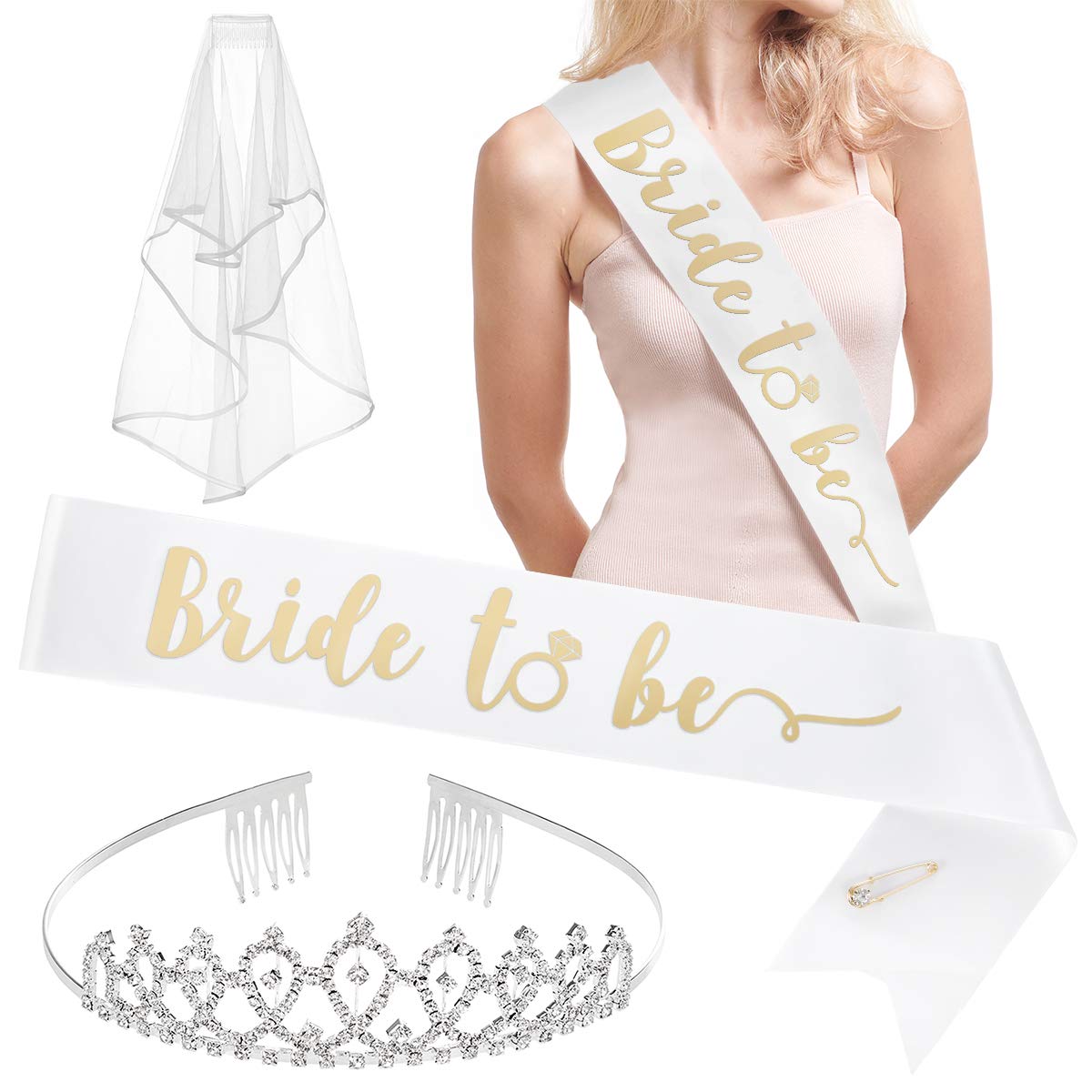 Fetti Bachelorette Party Decorations Kit - Bride to Be Sash, Rhinestone Tiara, Veil & Bridal Shower Accessories with Bride Tribe Temporary Tattoos | Perfect for Wedding Showers, Girls Night Out & Bachelorette Parties