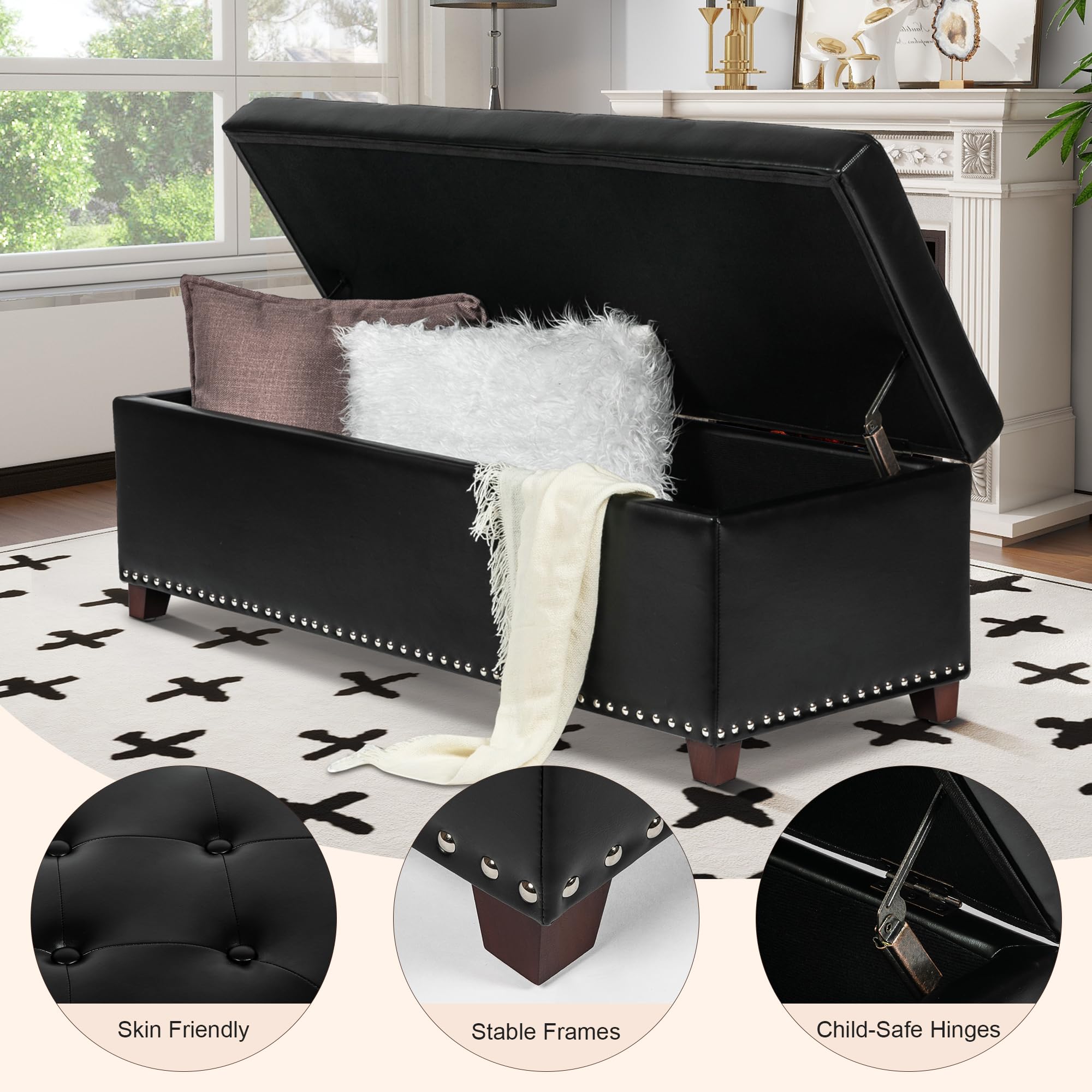 Storage Ottoman Bench with Wooden Legs - Upholstered Rectangle Storage Bench for Bedroom & Living Room - Multi-Functional Furniture for Home Organization, Extra Seating, and Stylish Decor