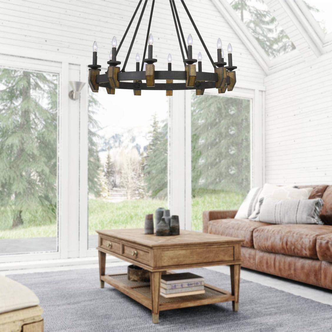 Cal Lighting 60W X 12 Cruz Metal and Wood Chandelier - Modern Farmhouse Ceiling Light Fixture for Dining Room, Living Room, Bedroom & Kitchen Decor