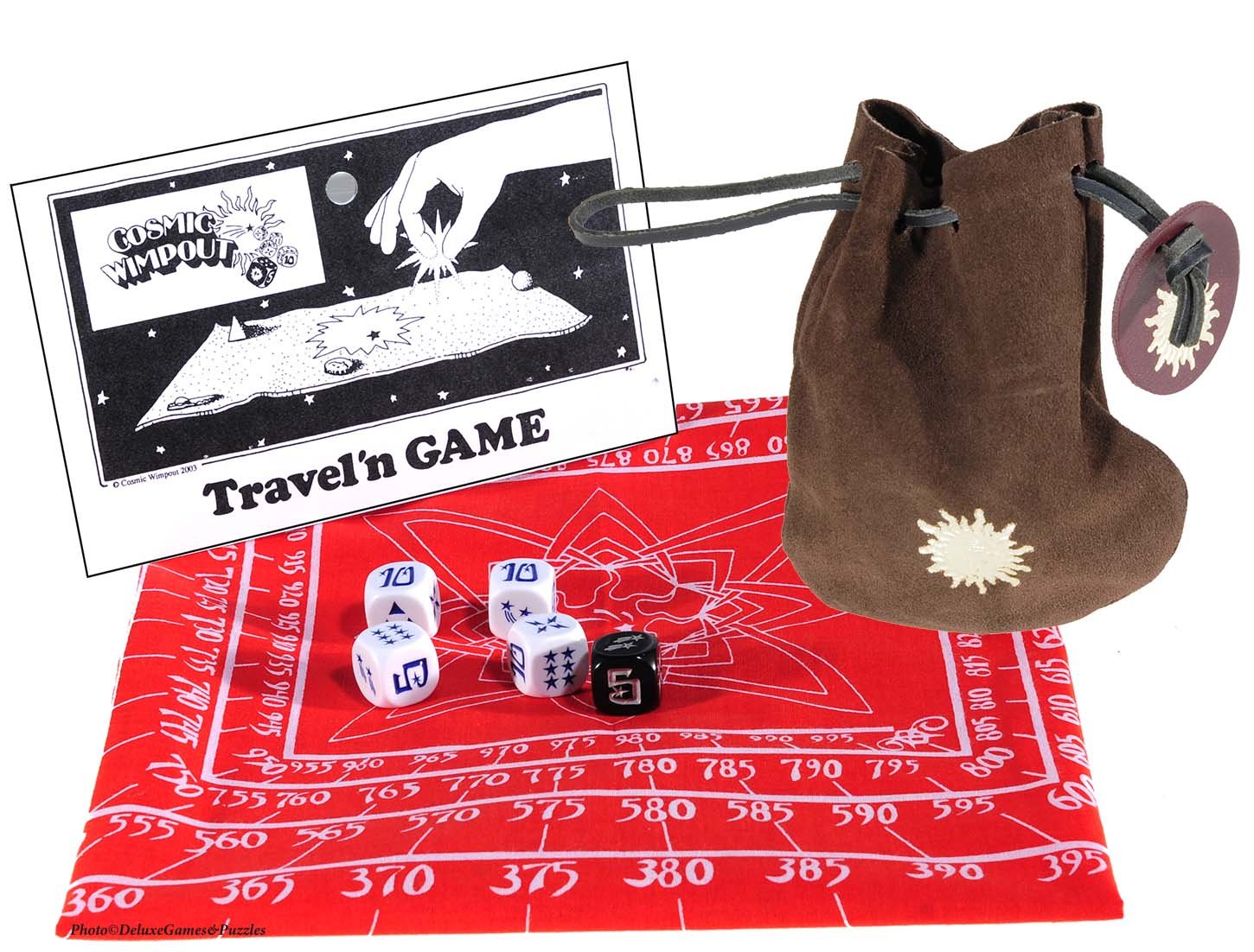Cosmic Wimpout Deluxe Travel Dice Game Set with Red Cloth Scoreboard & 5 Glass Gemstones - Perfect for Road Trips, Camping & Family Game Nights