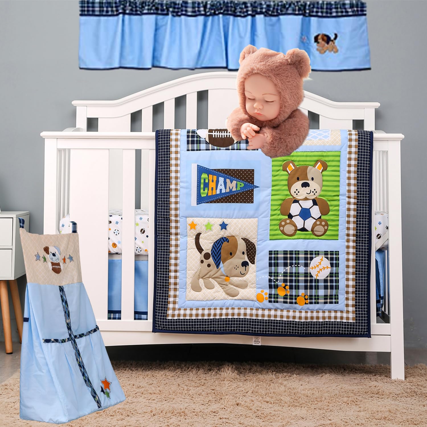 5-Piece Blue & Grey Sports Theme Nursery Crib Bedding Set for Baby Boys - Baseball, Basketball & Soccer Embroidery - Includes Quilt, Fitted Sheet, Crib Skirt, Valance & Changing Pad Cover (28