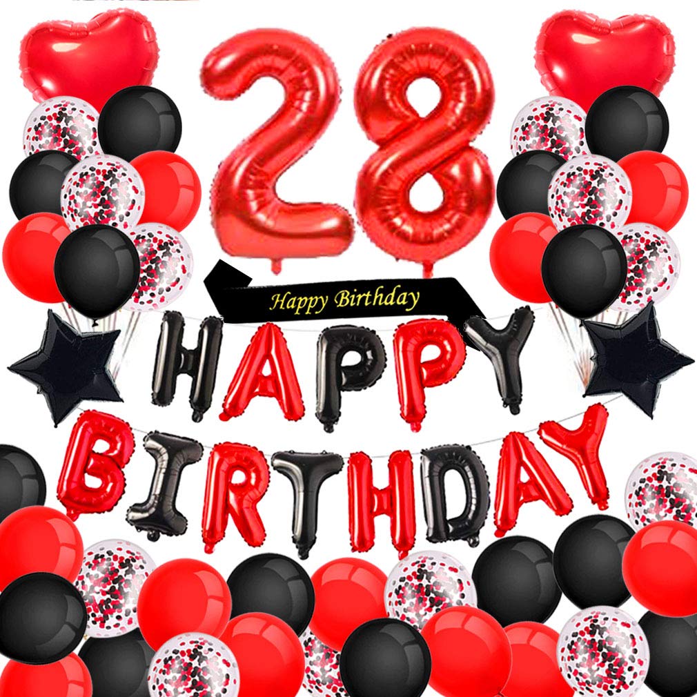 Minhero 28th Birthday Party Decorations - Red & Black Happy Birthday Banner, Number 28 Balloons, Birthday Sash with Latex & Confetti Balloons for Women's 28th or 82nd Birthday Celebration - Perfect for Adult Birthday Parties, Milestone Celebrations & Photo Backdrops