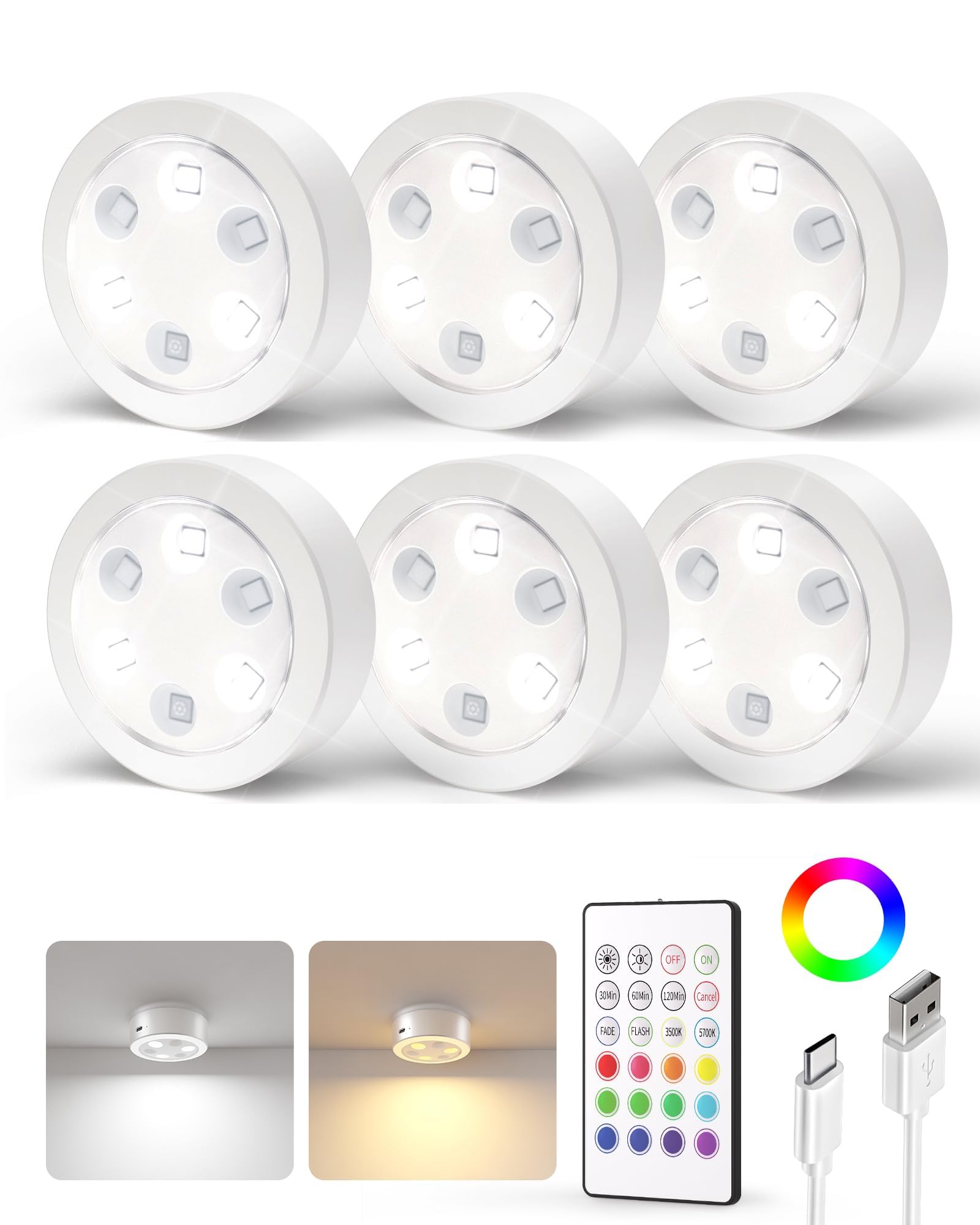 EZVALO Rechargeable Puck Lights with Remote - 1200mAh RGB LED Wireless Closet Lighting, Under Cabinet Lights, Stick-On Lights for Kitchen, Closet, Pantry, Shelves (6 Pack) - Perfect for Home, Office, and Commercial Spaces