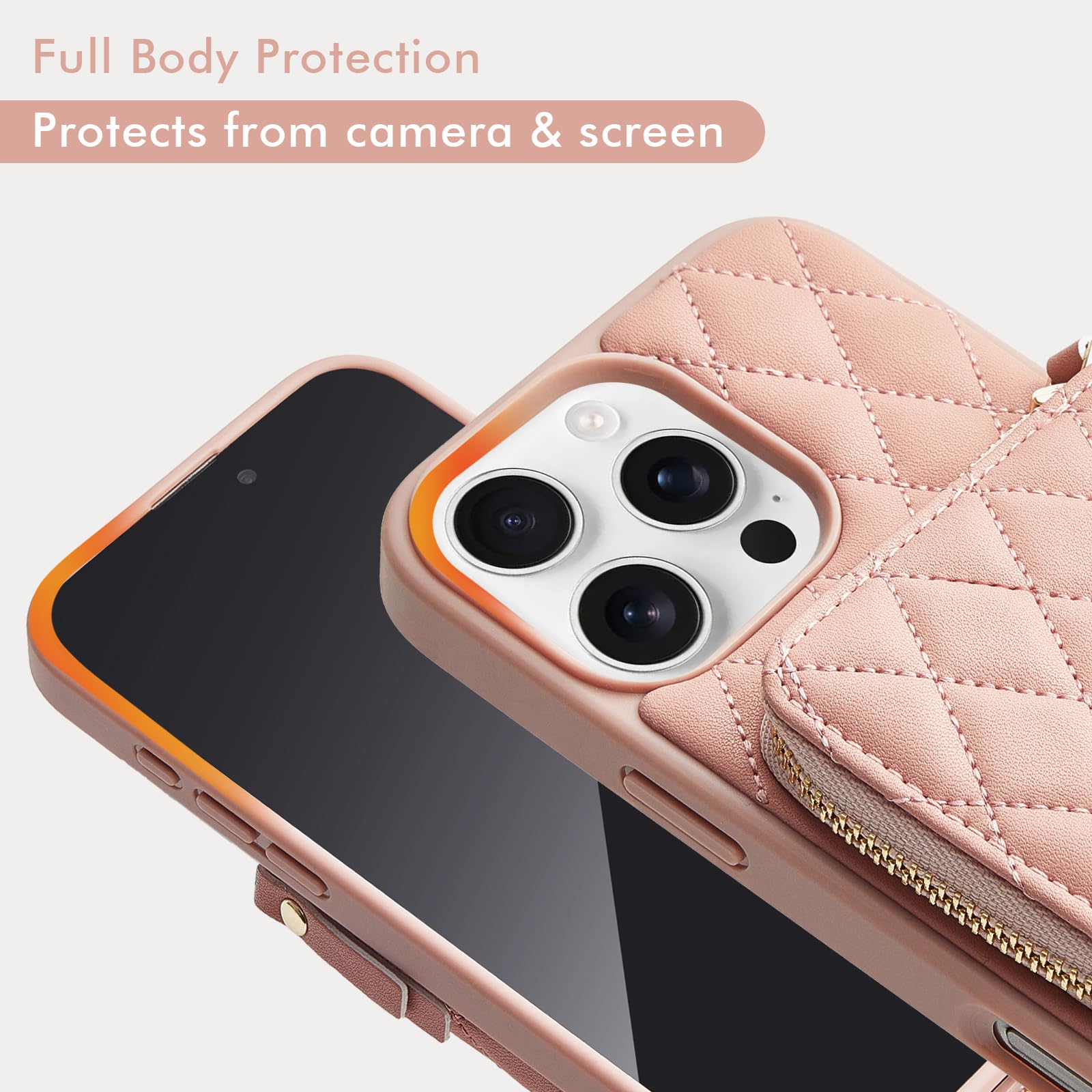 LAMEEKU iPhone 16 Pro Max Wallet Case with Card Holder - Quilted Leather Crossbody Zipper Phone Purse for Women (6.9 Inch, Pink) | Perfect for Shopping, Travel & Everyday Use