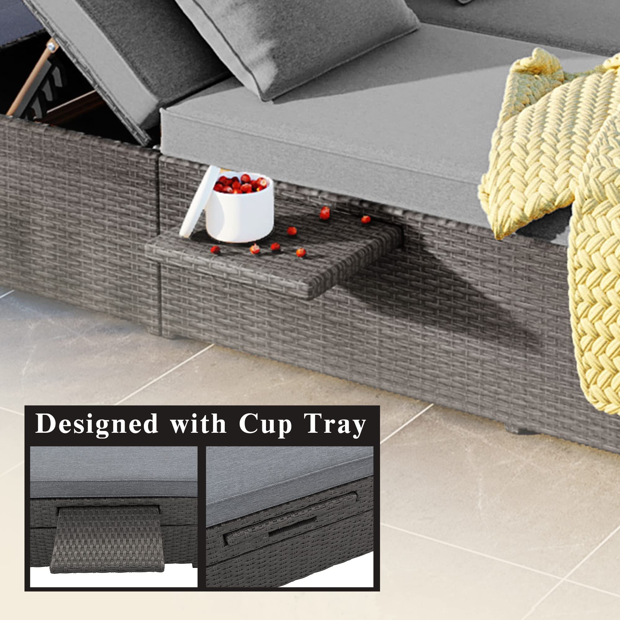 Outdoor PE Rattan Double Reclining Daybed with Adjustable Backrest & Cup Holder - All-Weather Patio Sun Lounger with Thick Cushions & Pillows for 2 People (Gray) - Perfect for Poolside Relaxation, Garden Lounging & Backyard Conversations