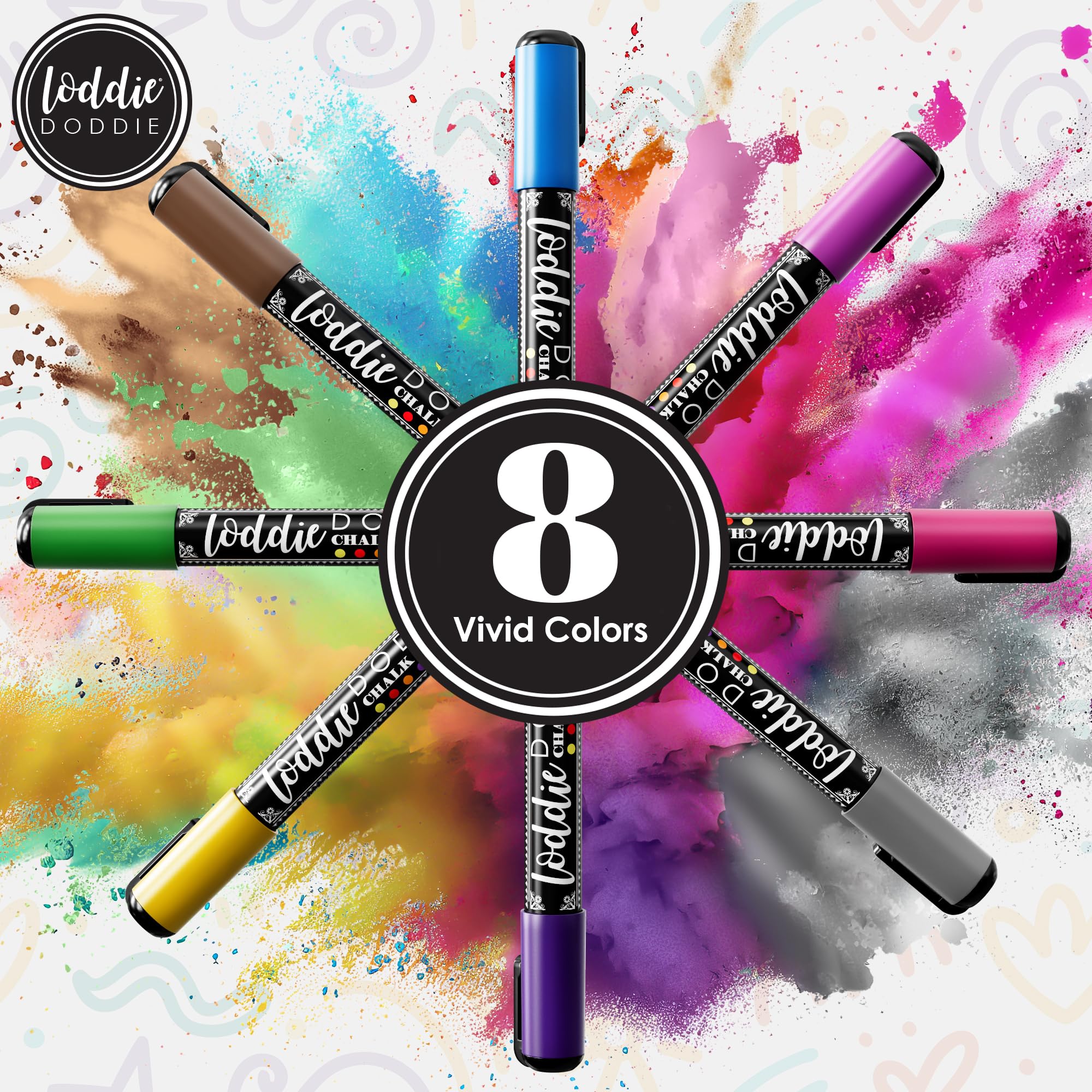 Loddie Doddie Metallic Liquid Chalk Markers - 8 Pack with 6mm Reversible Chisel & Bullet Tips - Erasable Chalk Pens for Chalkboards, Whiteboards, Glass & Windows - Perfect for Restaurants, Classrooms, Events & DIY Crafts
