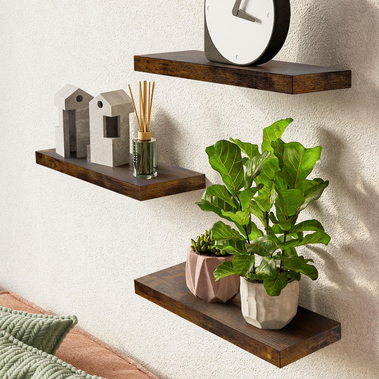 BAYKA Floating Wood Shelves Set of 3 - 15.7 Inch Rustic Brown Wall Mounted Shelves for Bathroom, Bedroom, Living Room & Kitchen - 22lbs Capacity Hanging Storage Shelves for Books, Decor & Organizing - Perfect for Small Spaces, Home Office & Apartment Decor
