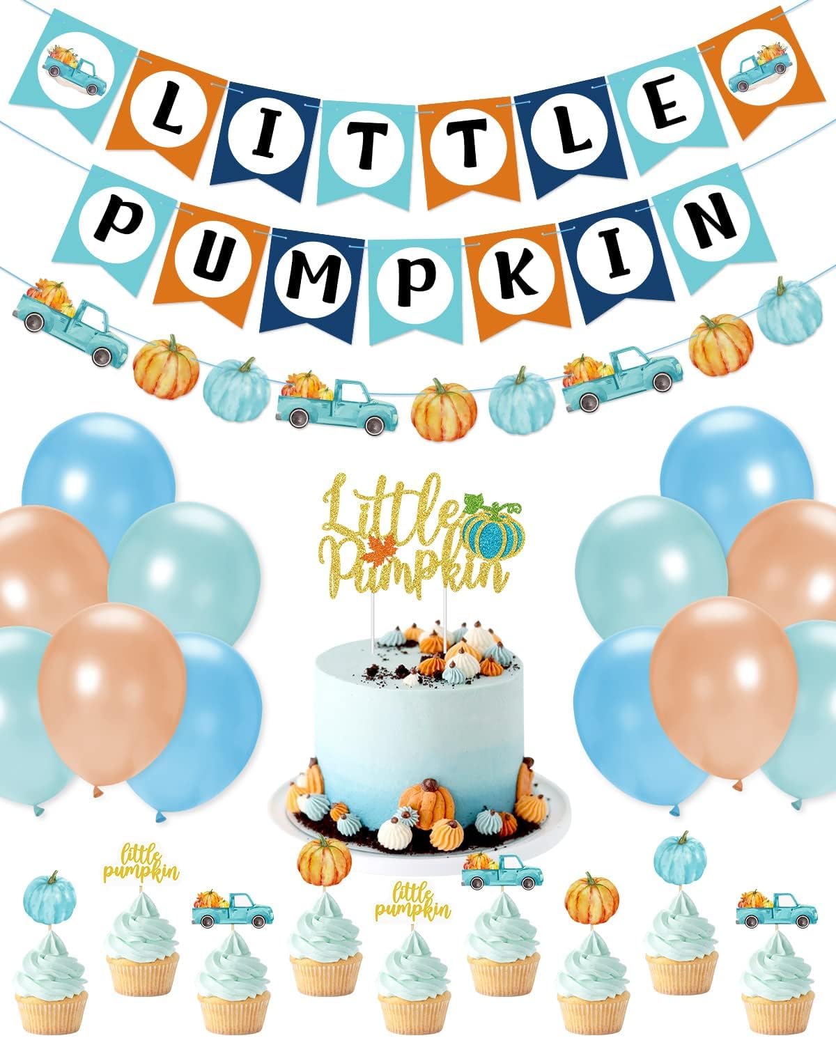 Blue & Gold Glitter Pumpkin Decorations - Baby Shower Garland, Cake Toppers & Latex Balloons for Fall Birthday, Thanksgiving Party Supplies | Perfect for Autumn Celebrations, Nursery Decor and Seasonal Festivities