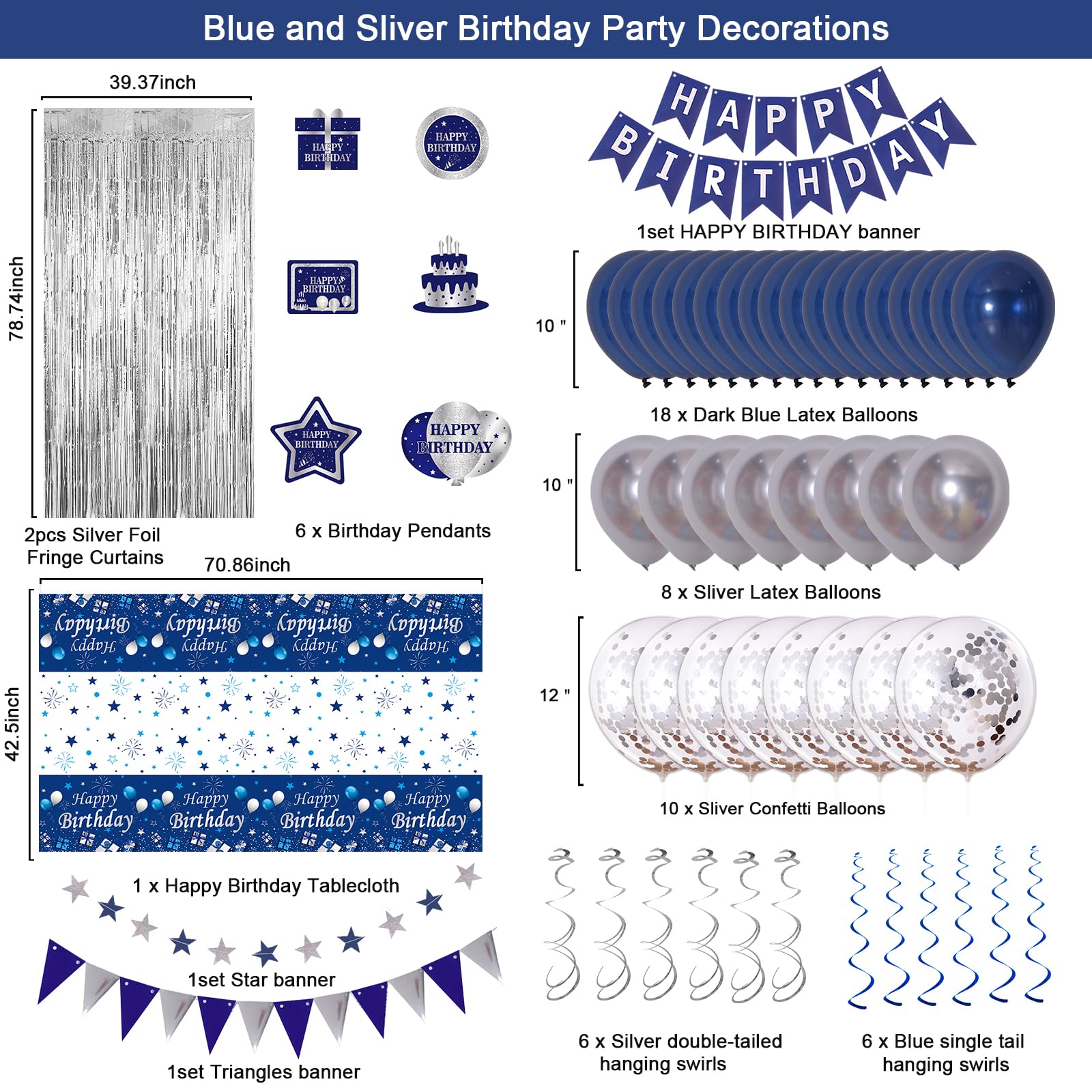 Blue Birthday Party Decorations for Men & Women - Bunting Banner, Fringe Curtains, Hanging Swirls & Tablecloth Set | Perfect for Adult Birthday Celebrations, Office Parties & Gender Reveal Events