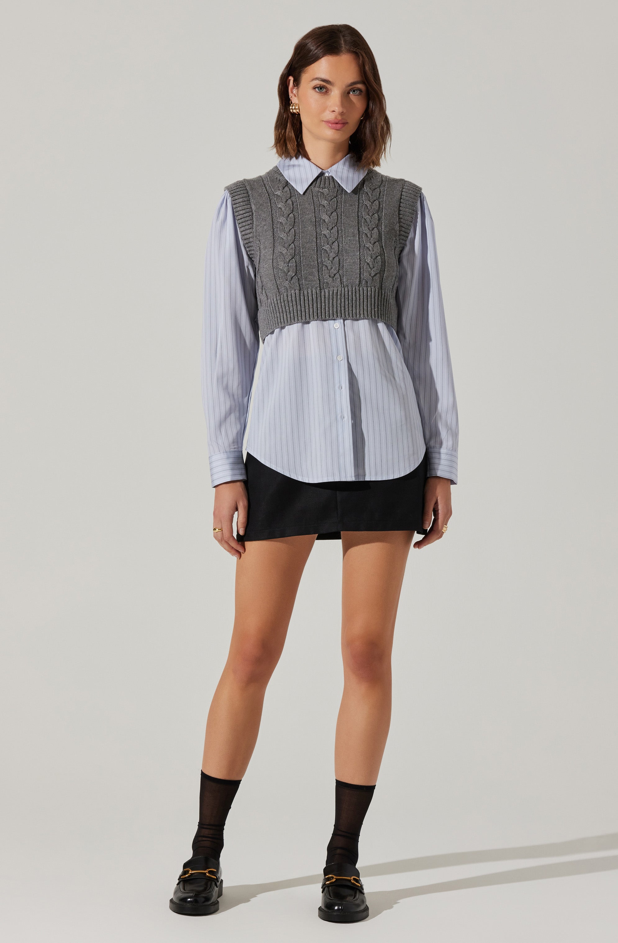 Flannery Layered Cable Knit Combo Shirt for Women - Stylish Winter Layering Top for Casual Outfits & Office Wear