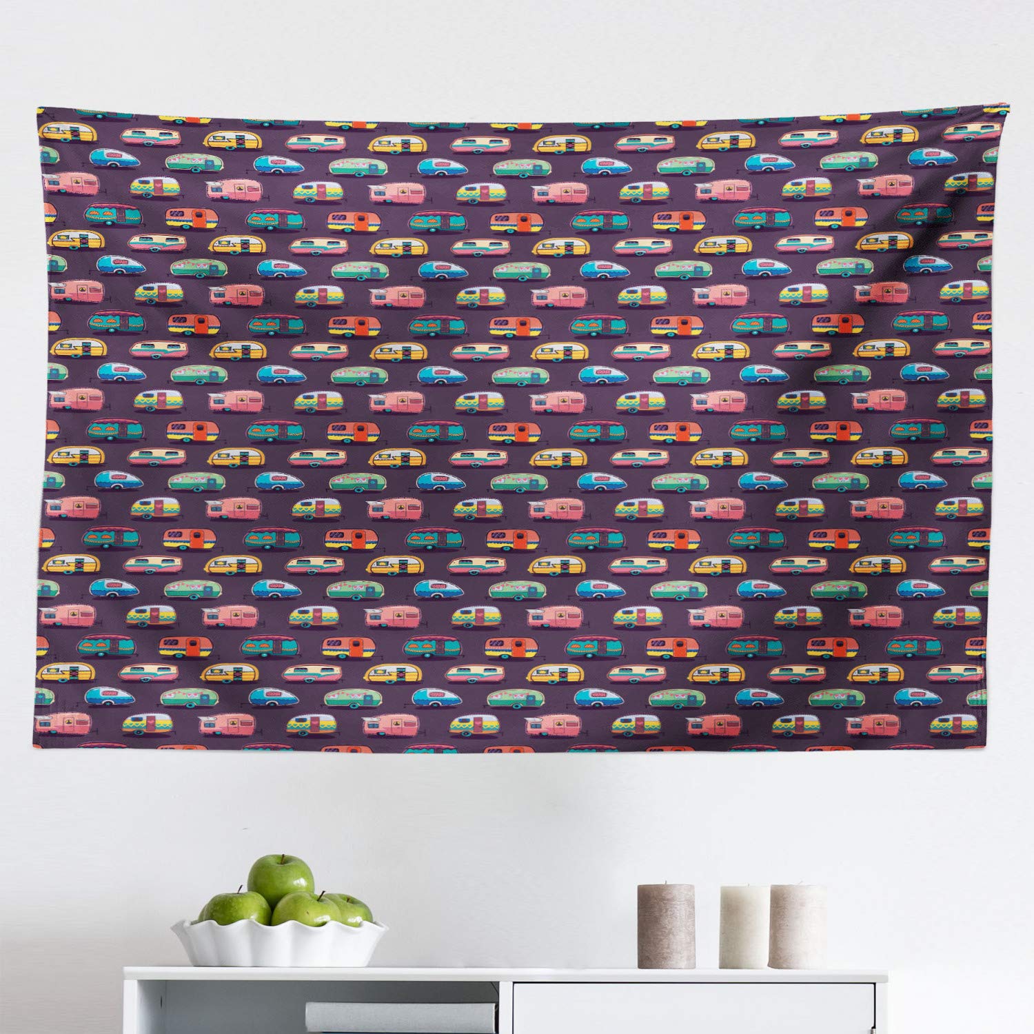 Ambesonne Happy Camper Tapestry - Retro Travel Wall Art with Colorful Vans Design, 45x30 Inch Fabric Wall Hanging for Bedroom, Living Room, Dorm Decor - Perfect for Boho, Camping & Road Trip Themed Rooms