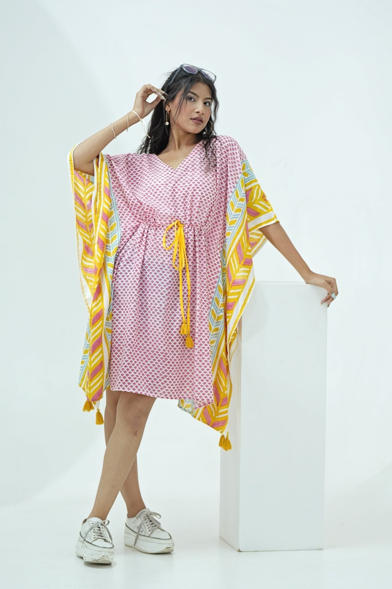 Handmade Rainbow Drops Block Printed Kaftan Dress - Bohemian Cotton Maxi Dress for Women, Perfect for Beach Vacation, Summer Festival & Casual Wear