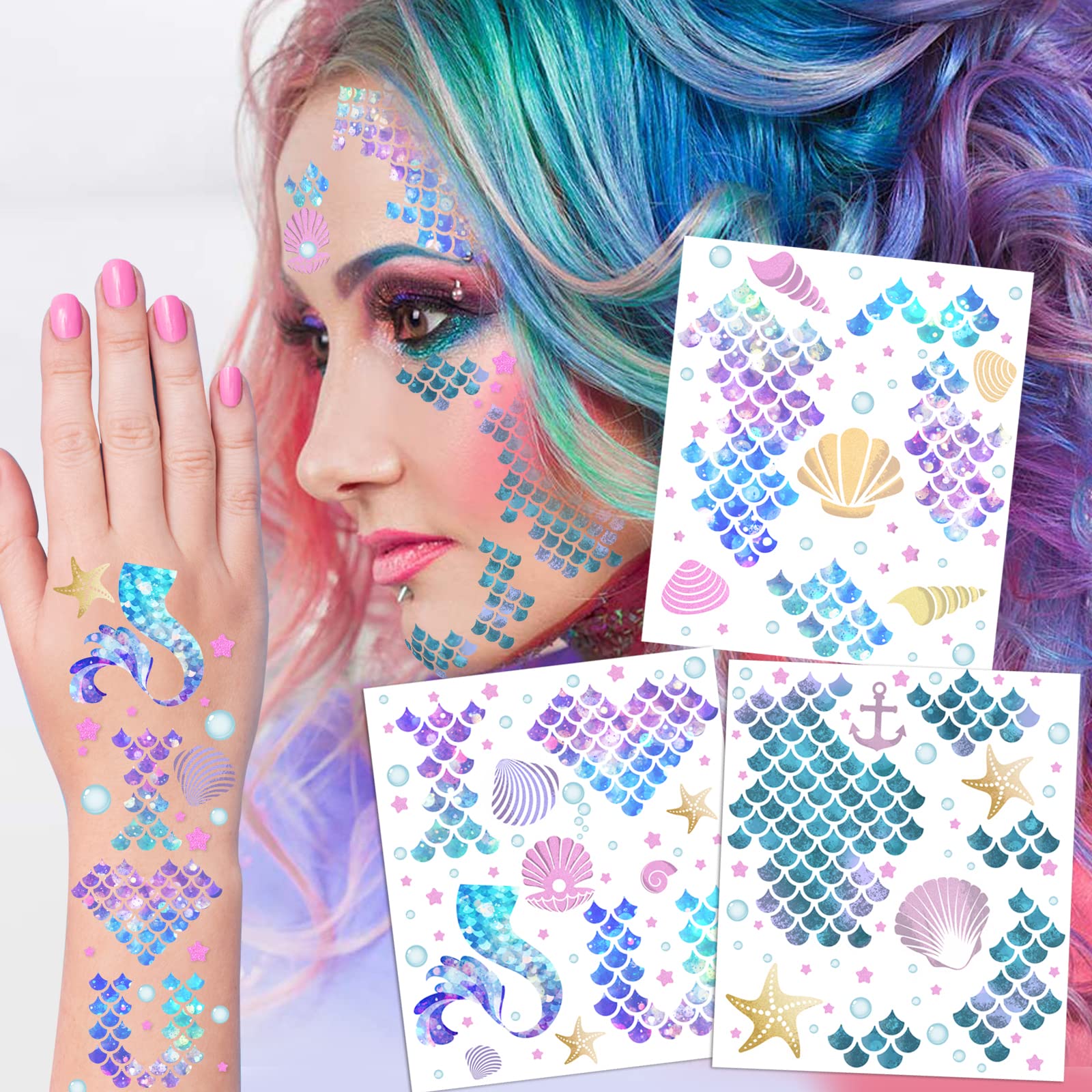 Mermaid Scale Temporary Tattoos - 12 Sheets Waterproof Fake Tattoo Stickers for Kids & Adults | Mermaid Party Decorations, Costume Accessories, Festival Body Art