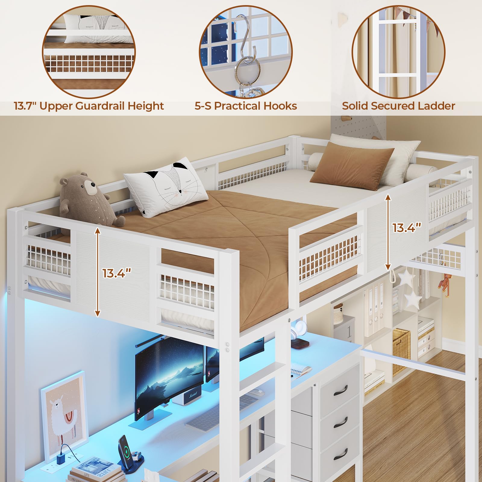 Twin Loft Bed with L-Shaped Desk & LED Lights - Metal Twin Size Bed Frame with Charging Station, 3 Fabric Drawers & 2-Tier Storage Shelves - Safety Guard & Ladder Included - No Box Spring Needed - Perfect for Small Bedrooms, Dorm Rooms & Kids' Rooms